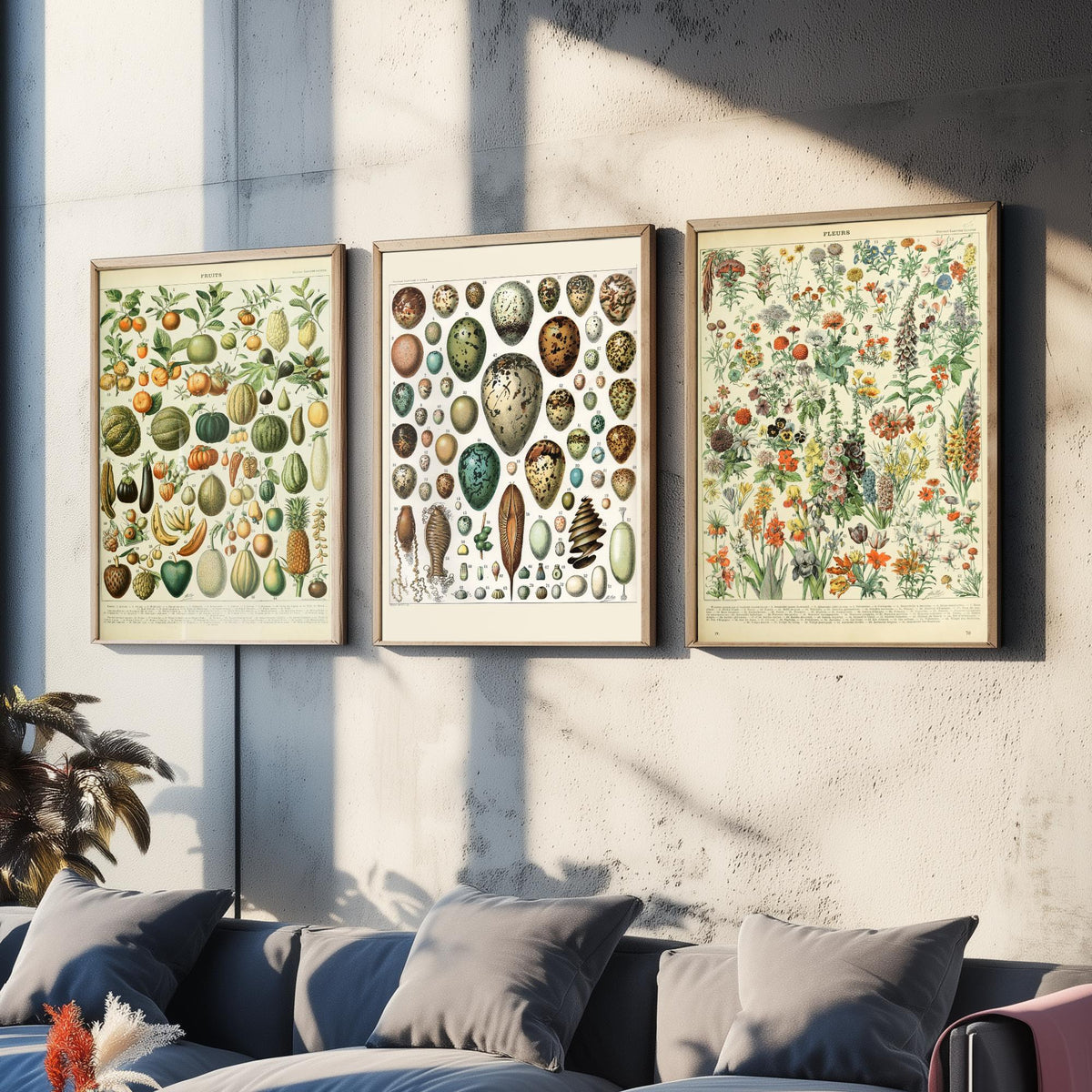 Adolphe Millot Set of Three Art Prints - Fruits, Bird Eggs, Flowers - Vintage French Encyclopedia Plate Poster Illustration