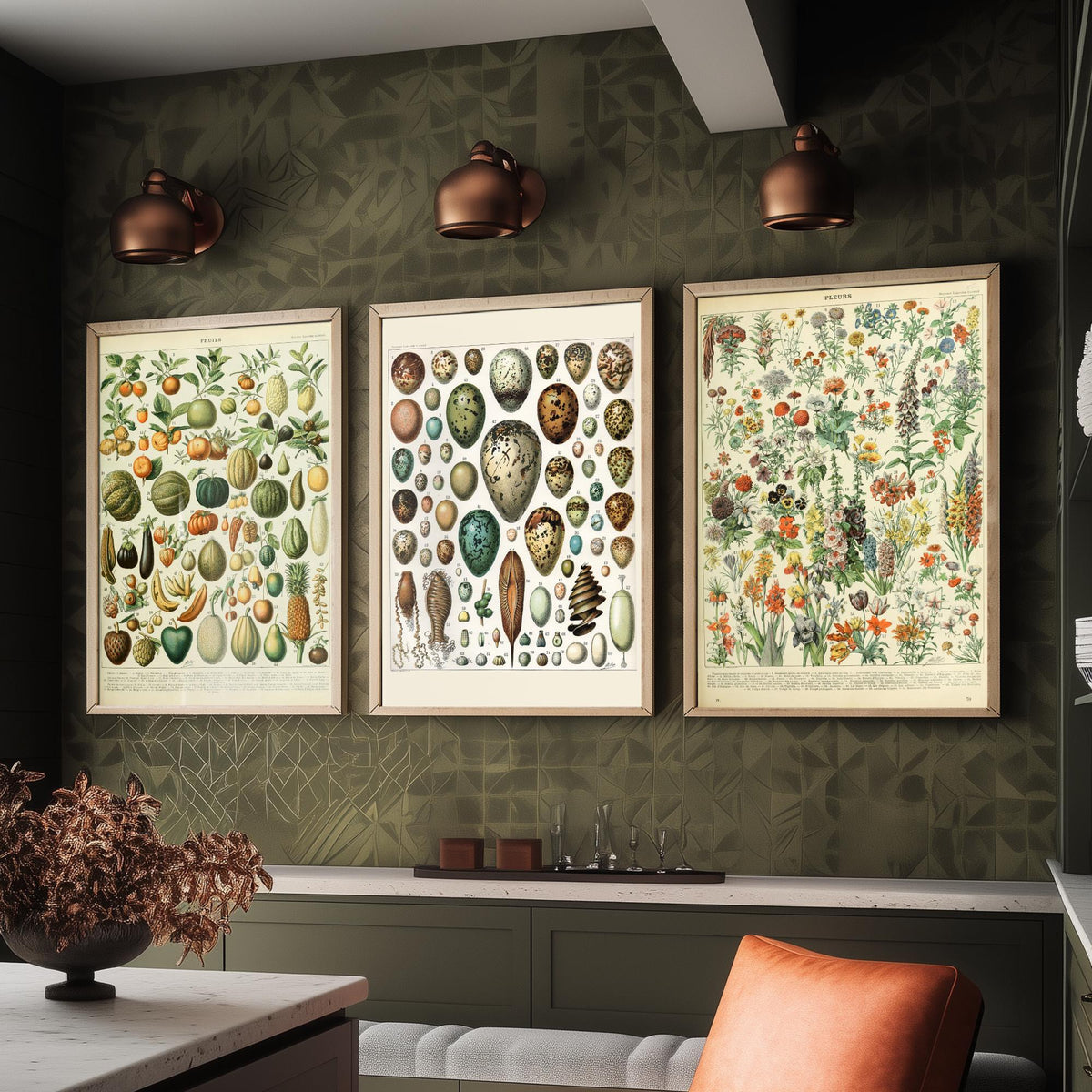 Adolphe Millot Set of Three Art Prints - Fruits, Bird Eggs, Flowers - Vintage French Encyclopedia Plate Poster Illustration
