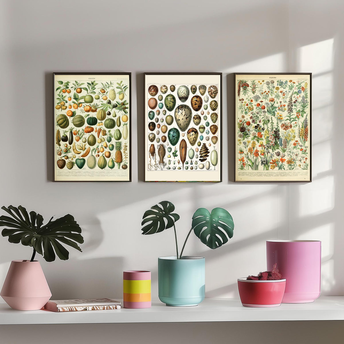 Adolphe Millot Set of Three Art Prints - Fruits, Bird Eggs, Flowers - Vintage French Encyclopedia Plate Poster Illustration