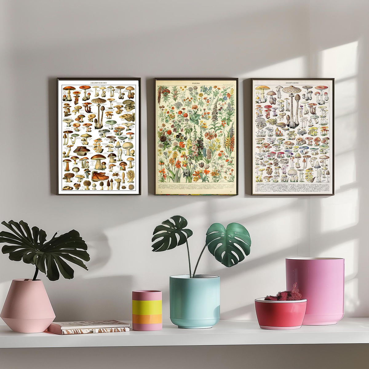 Adolphe Millot Mushrooms and Flowers Set of Three Art Prints - Champignons, Fleurs - Vintage Fungi Poster Illustration