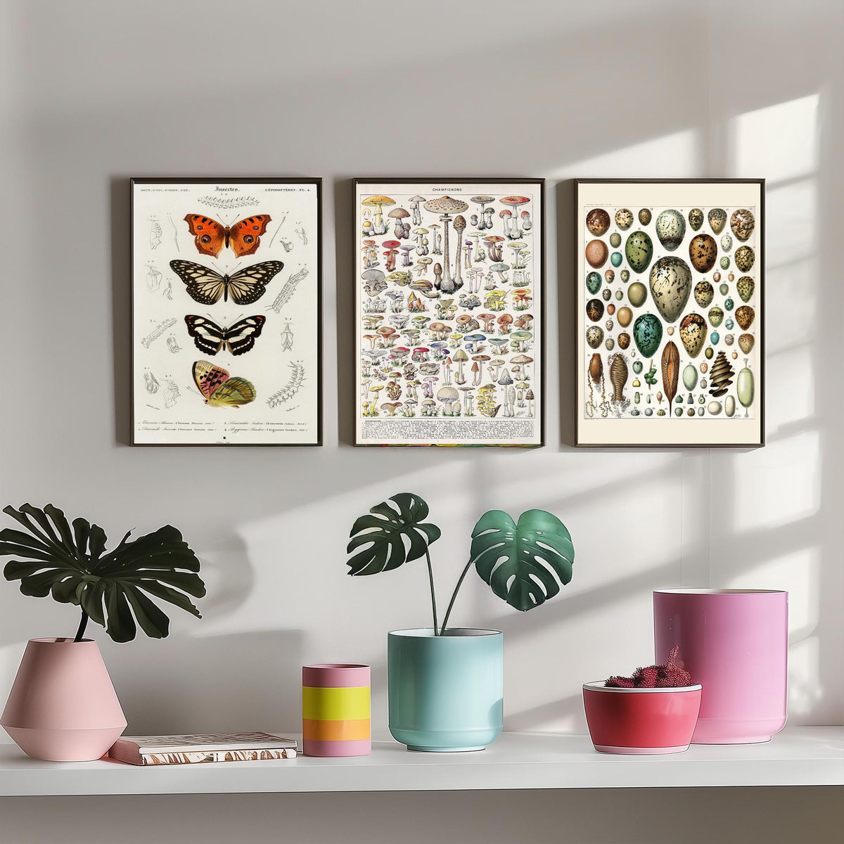 Vintage Natural History Set of Three Art Prints - Butterflies, Millot Mushrooms, Bird Eggs - Antique Plate Poster Illustration