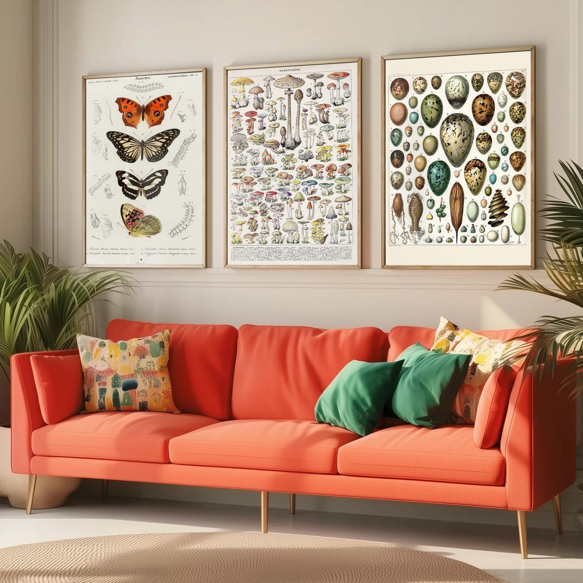Vintage Natural History Set of Three Art Prints - Butterflies, Millot Mushrooms, Bird Eggs - Antique Plate Poster Illustration