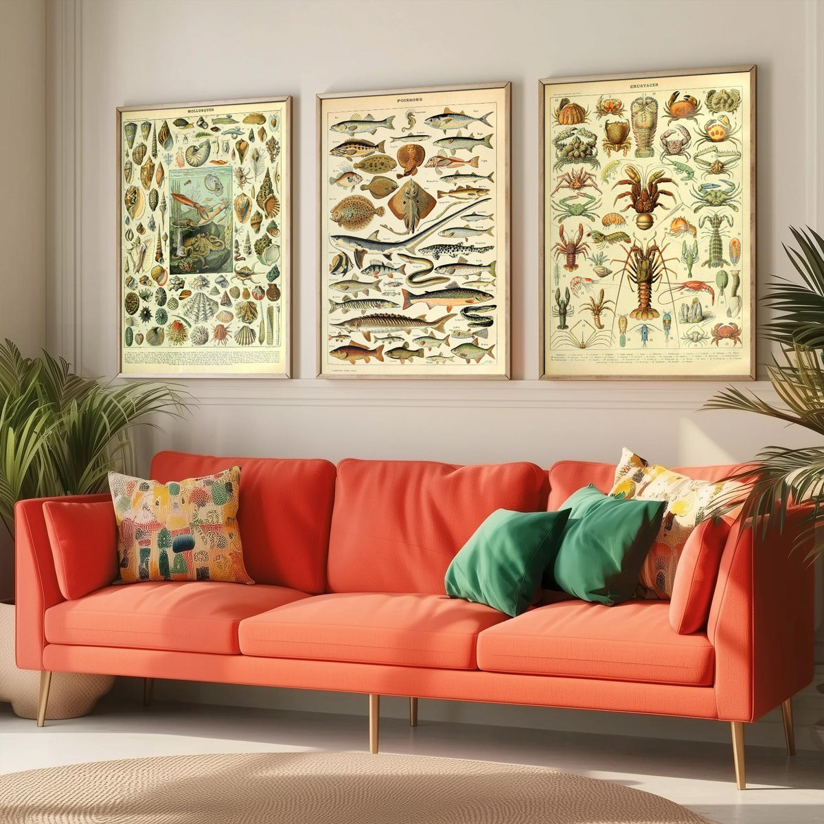 Adolphe Millot Sea Creatures Set of Three Art Prints - Mollusques, Poissons, Crustaces - Vintage Ocean Poster Illustration