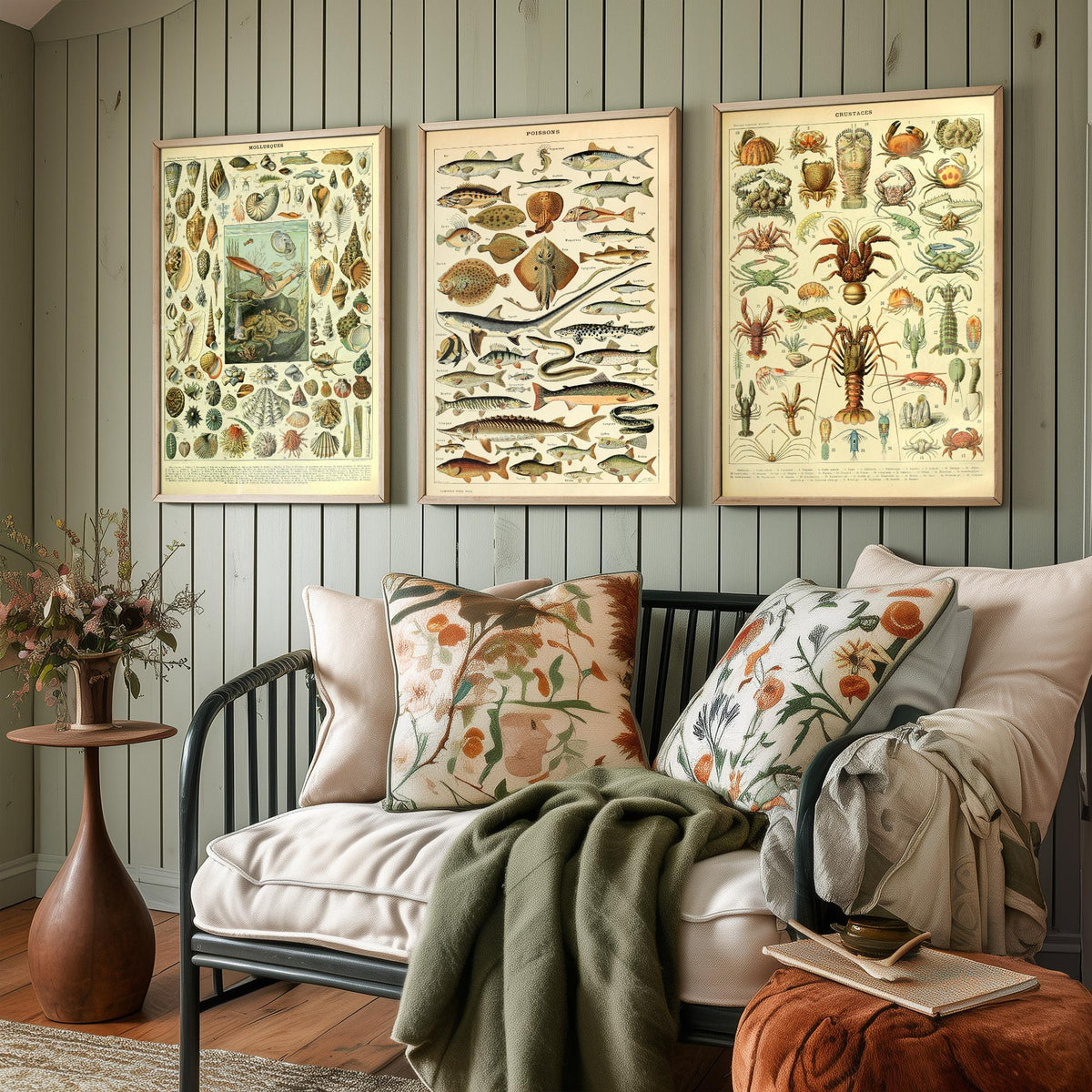 Adolphe Millot Sea Creatures Set of Three Art Prints - Mollusques, Poissons, Crustaces - Vintage Ocean Poster Illustration