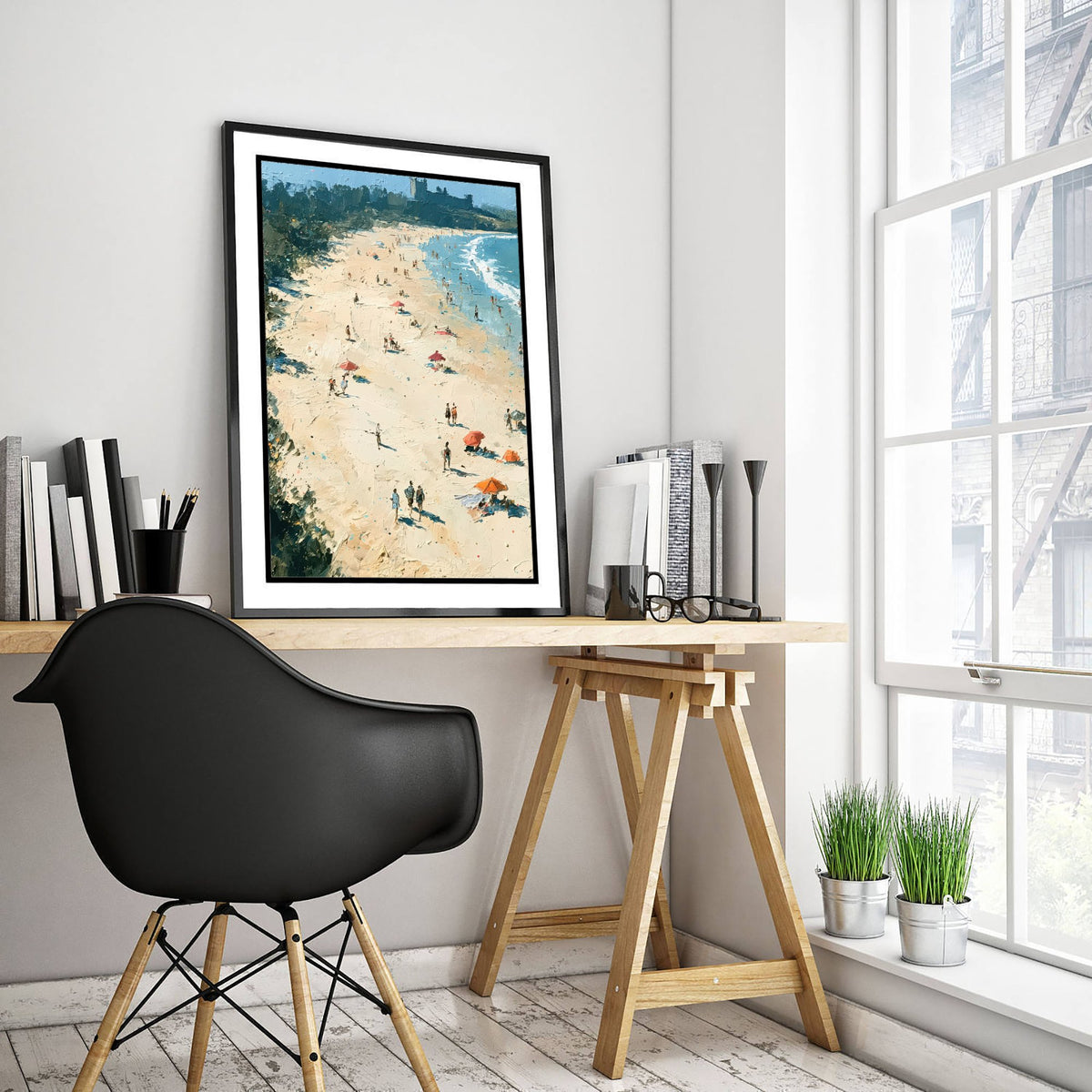 Bamburgh Beach Travel Poster - Aerial Beach Art Print - Impasto Beach Painting - Northumberland Panel 1/3