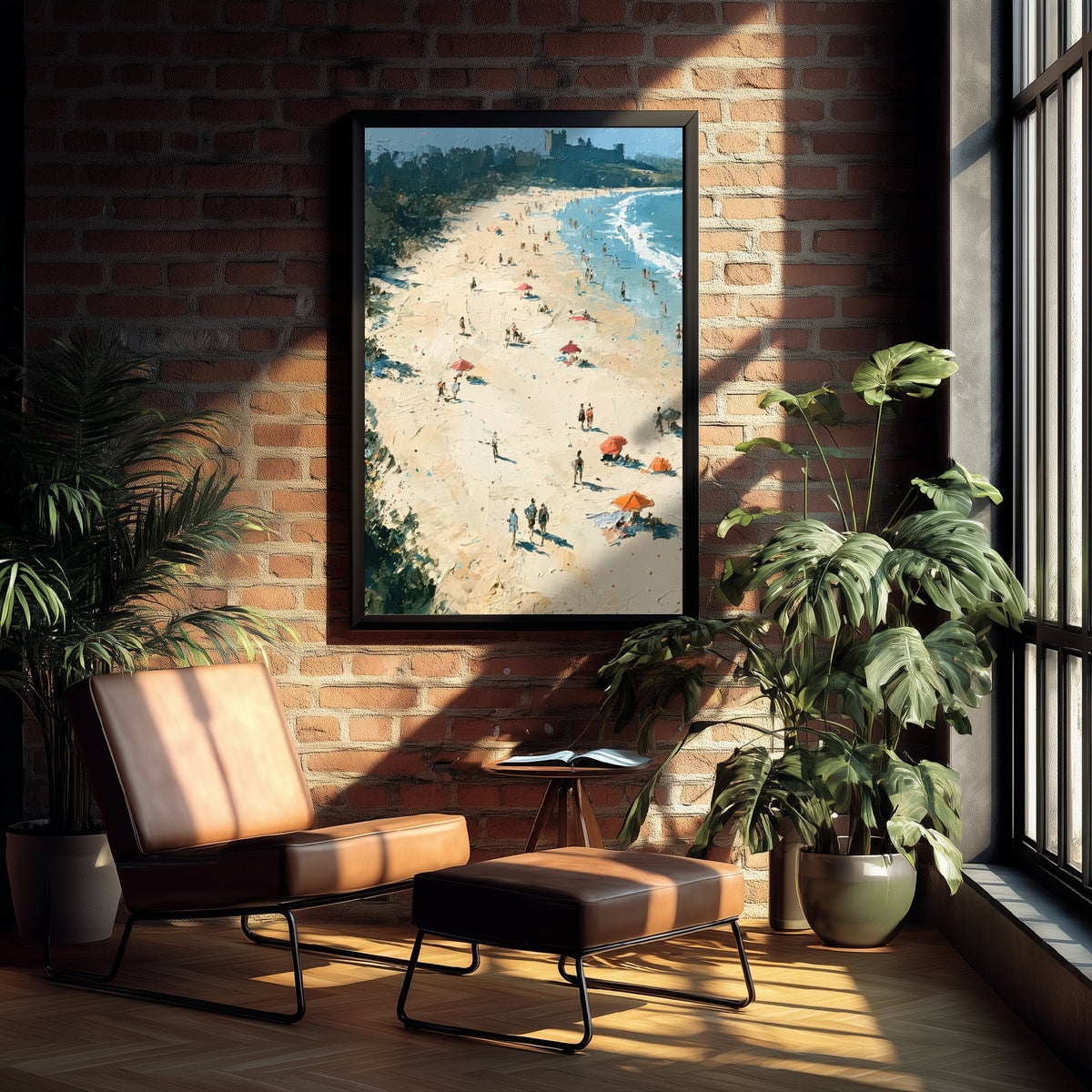 Bamburgh Beach Travel Poster - Aerial Beach Art Print - Impasto Beach Painting - Northumberland Panel 1/3