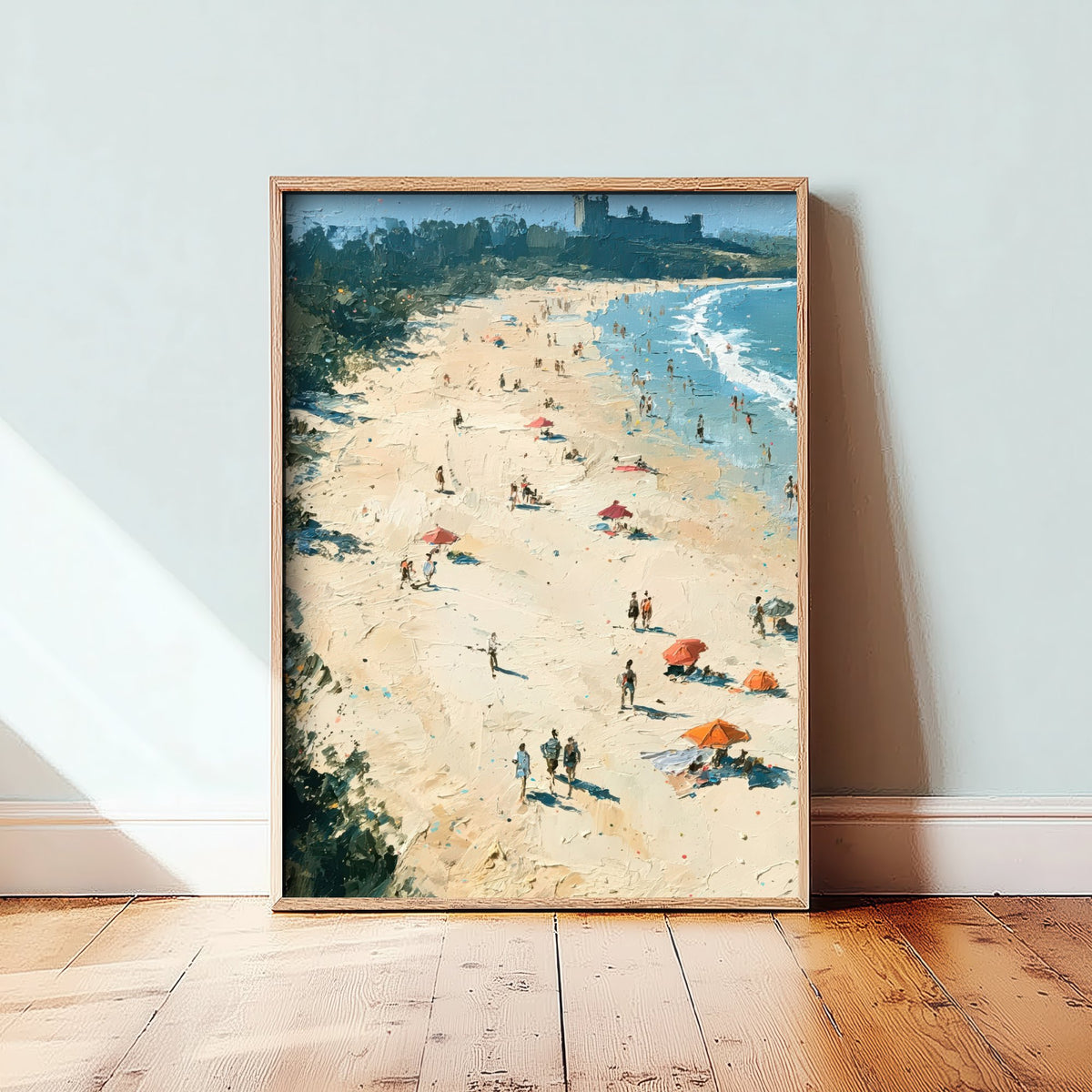 Bamburgh Beach Travel Poster - Aerial Beach Art Print - Impasto Beach Painting - Northumberland Panel 1/3