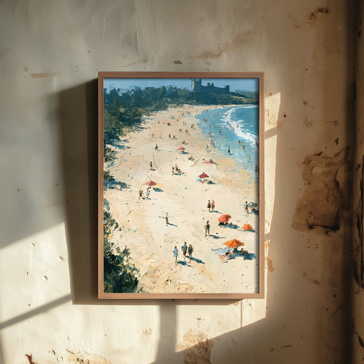 Bamburgh Beach Travel Poster - Aerial Beach Art Print - Impasto Beach Painting - Northumberland Panel 1/3