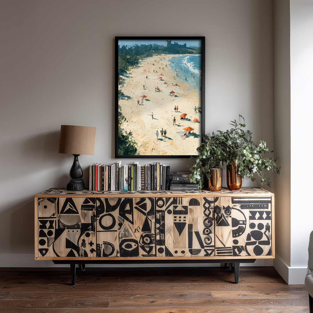 Bamburgh Beach Travel Poster - Aerial Beach Art Print - Impasto Beach Painting - Northumberland Panel 1/3