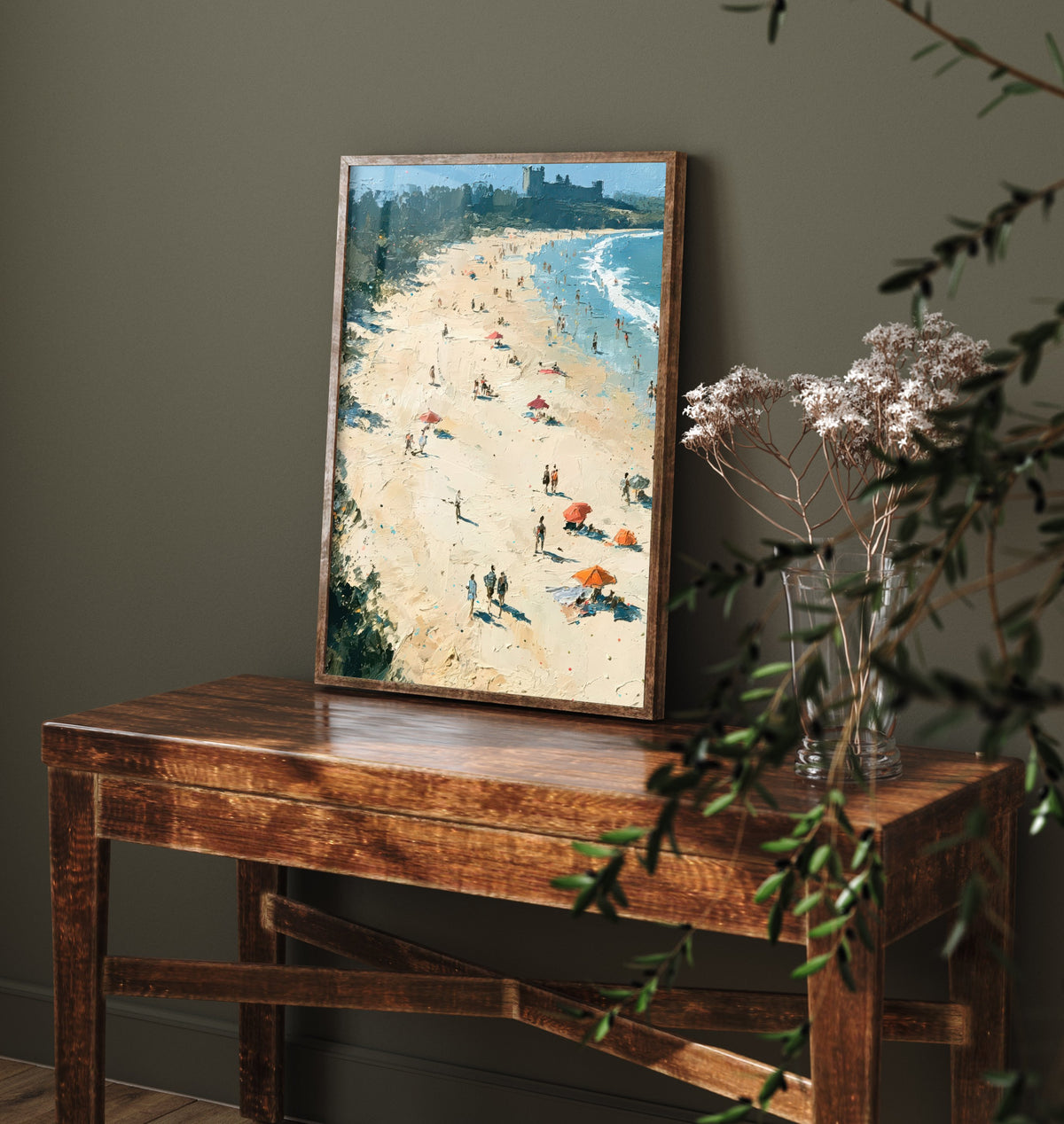 Bamburgh Beach Travel Poster - Aerial Beach Art Print - Impasto Beach Painting - Northumberland Panel 1/3