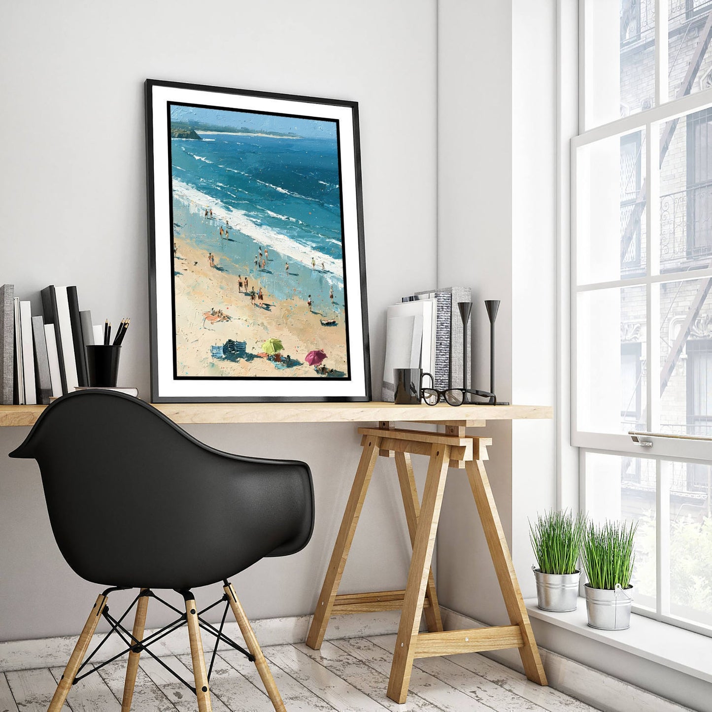 Bamburgh Beach Travel Poster - Aerial Beach Art Print - Impasto Beach Painting - Northumberland Panel 2/3