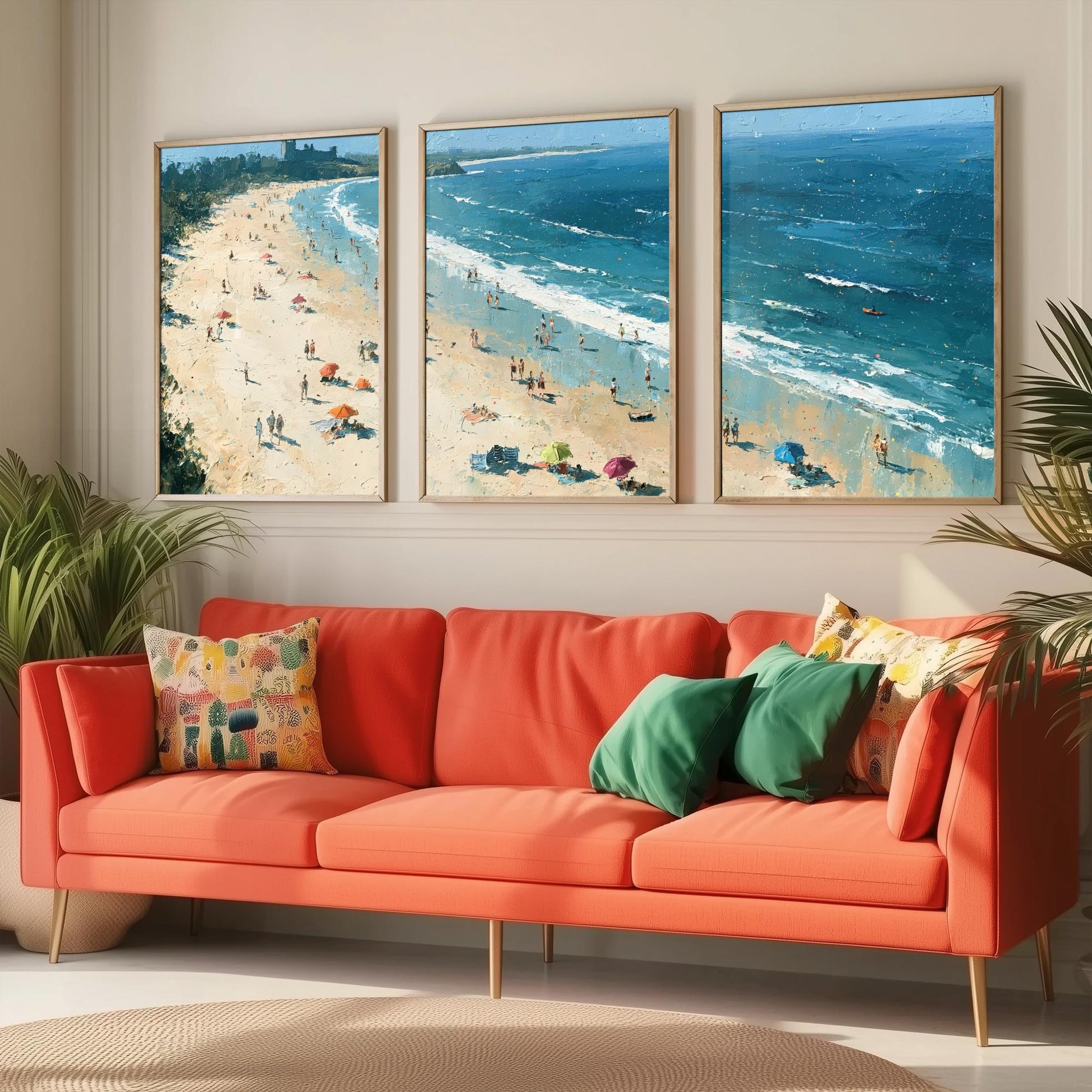 Set of Three Bamburgh Beach Prints - Aerial Coastal Oil Painting Posters - Colourful Seaside Wall Art - England