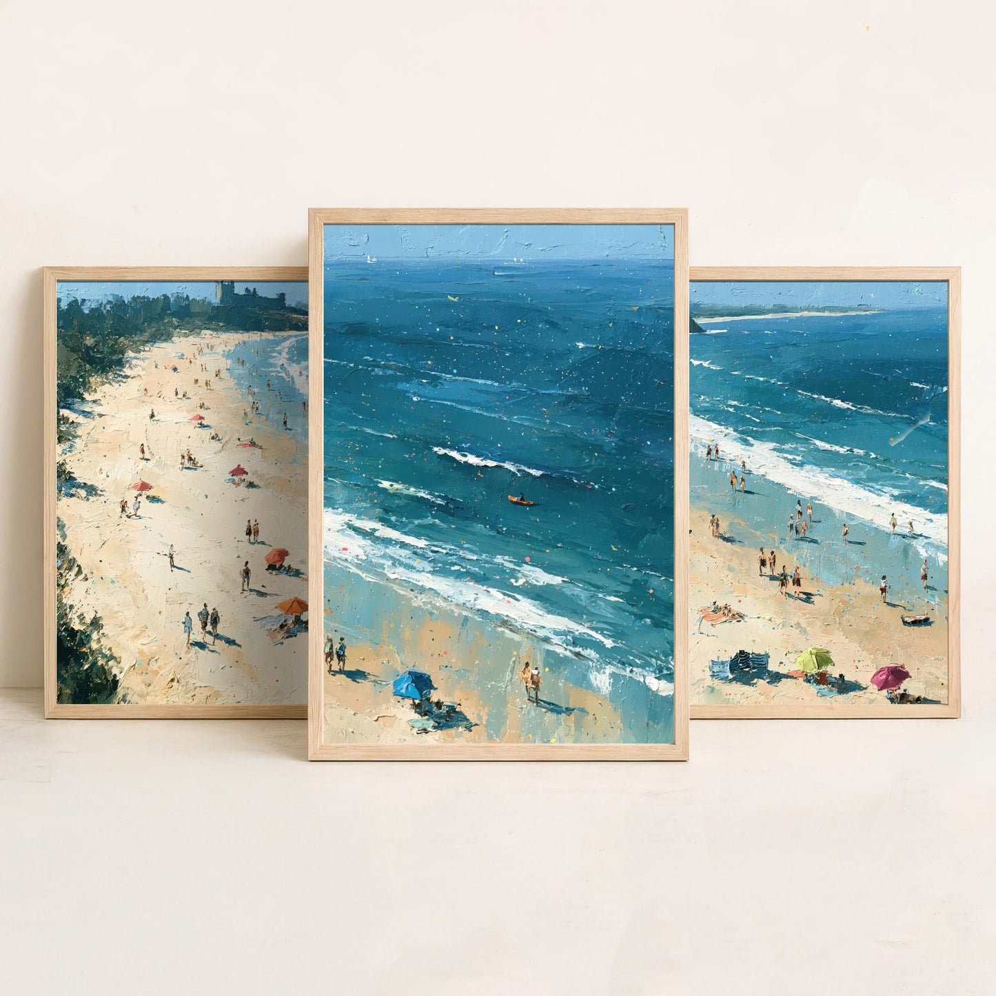 Set of Three Bamburgh Beach Prints - Aerial Coastal Oil Painting Posters - Colourful Seaside Wall Art - England