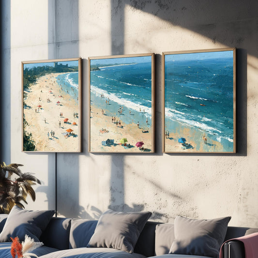 Set of Three Bamburgh Beach Prints - Aerial Coastal Oil Painting Posters - Colourful Seaside Wall Art - England