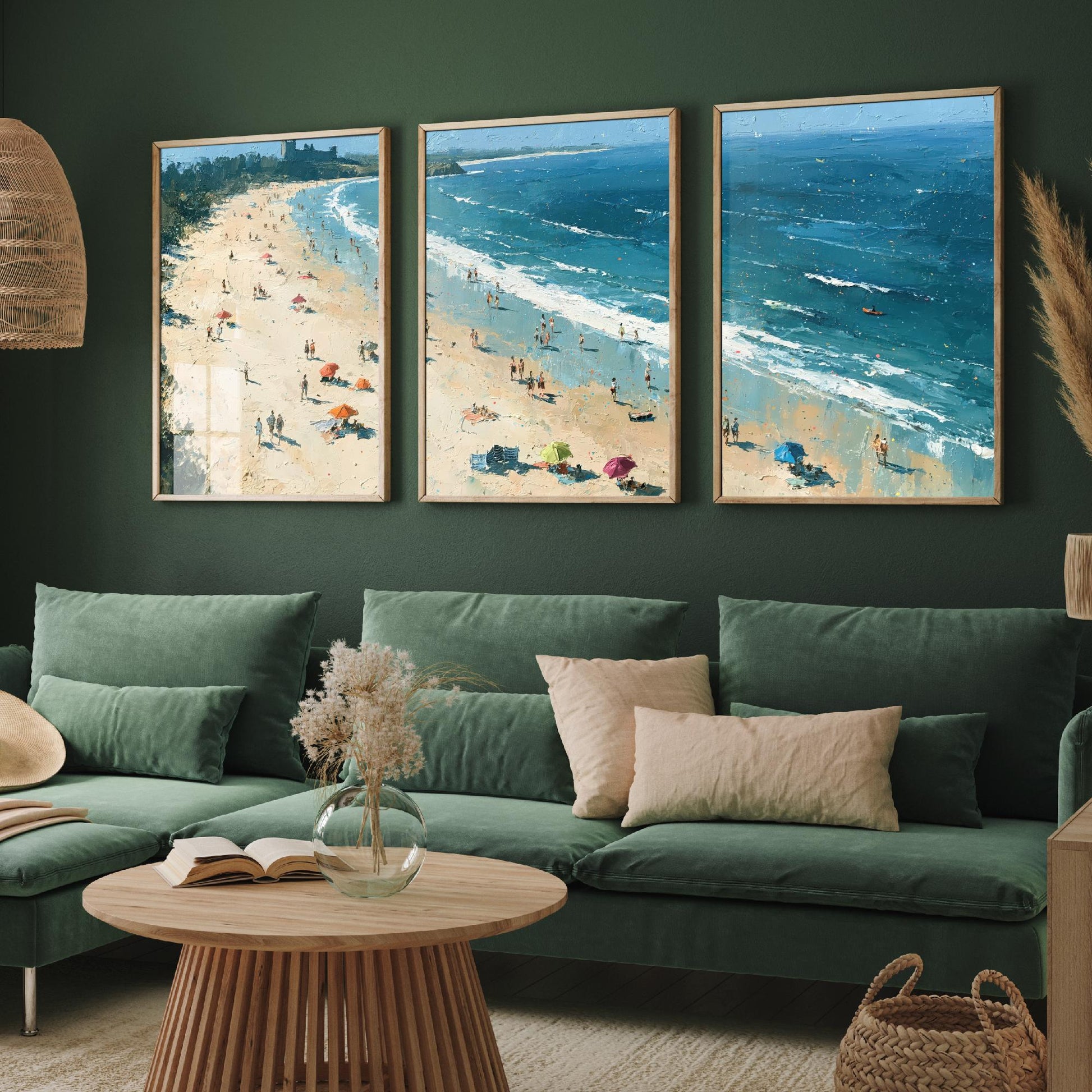 Set of Three Bamburgh Beach Prints - Aerial Coastal Oil Painting Posters - Colourful Seaside Wall Art - England