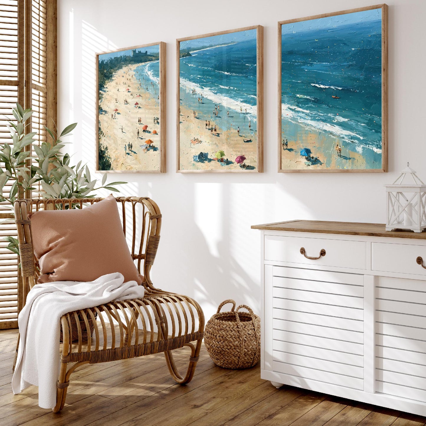 Set of Three Bamburgh Beach Prints - Aerial Coastal Oil Painting Posters - Colourful Seaside Wall Art - England