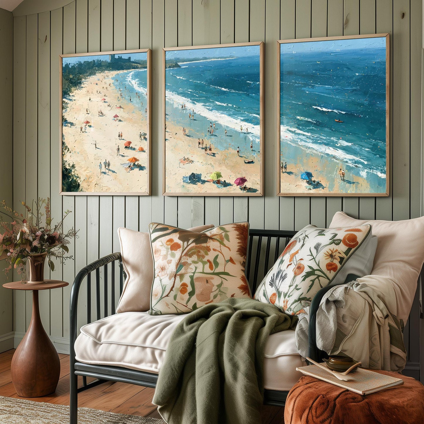 Set of Three Bamburgh Beach Prints - Aerial Coastal Oil Painting Posters - Colourful Seaside Wall Art - England