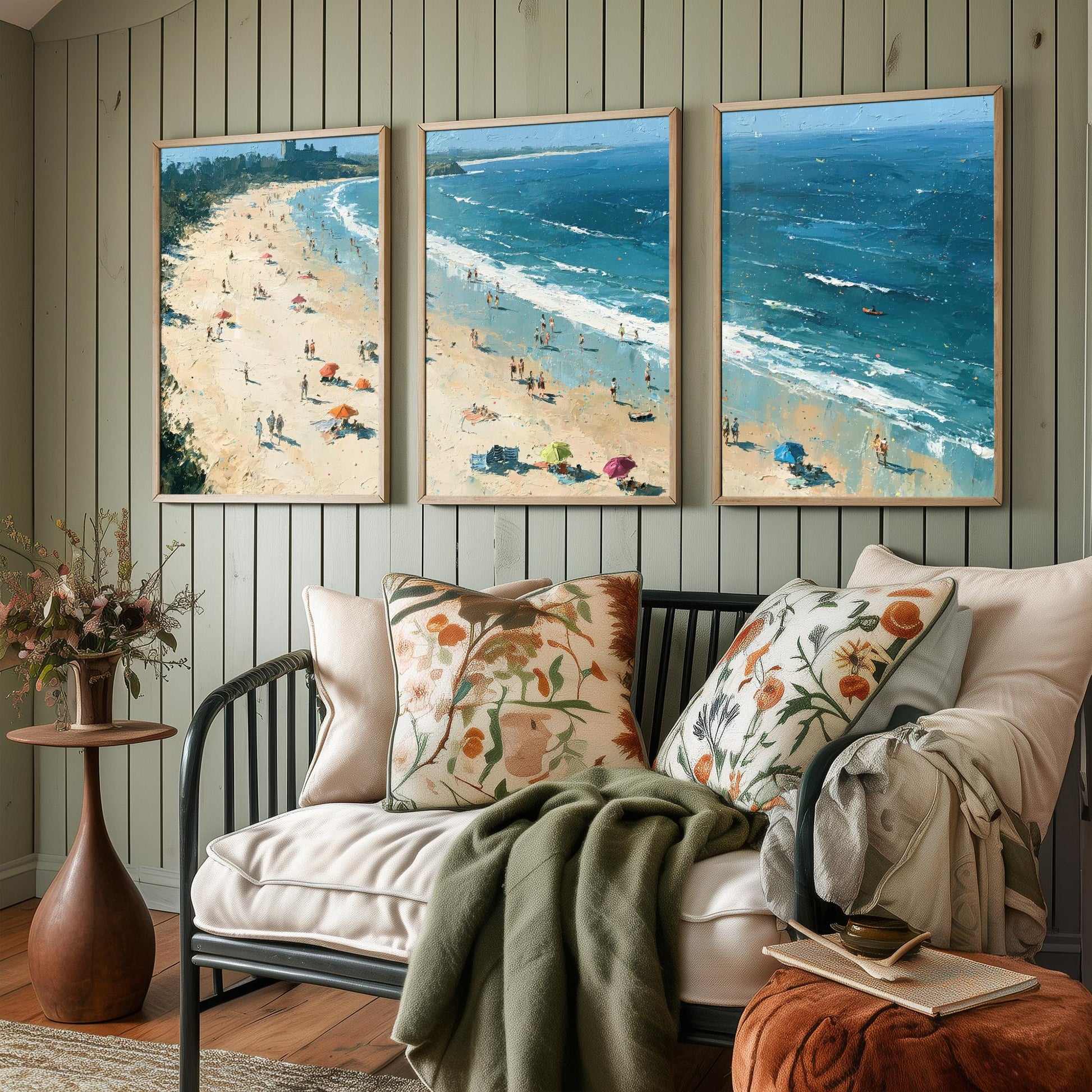 Set of Three Bamburgh Beach Prints - Aerial Coastal Oil Painting Posters - Colourful Seaside Wall Art - England
