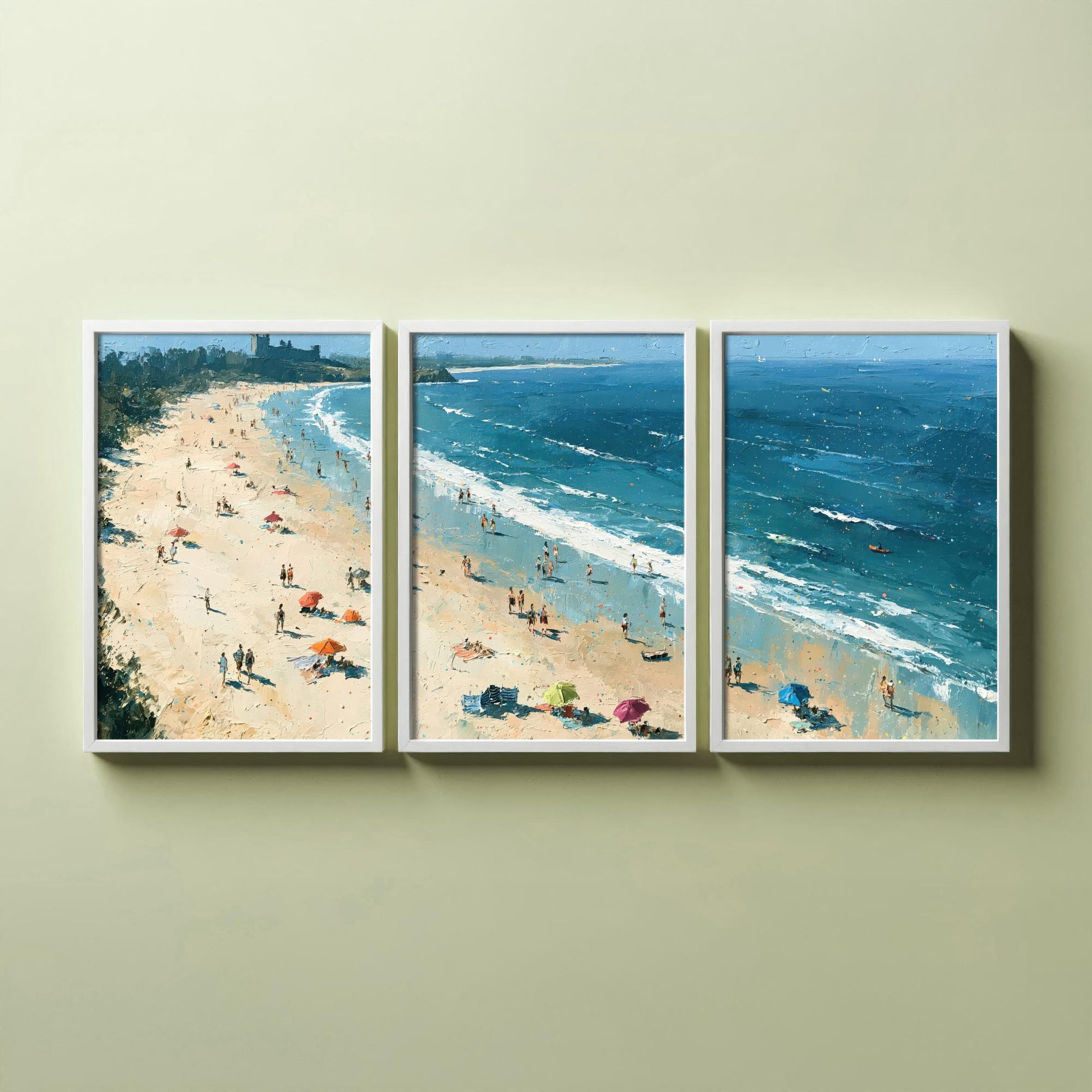 Set of Three Bamburgh Beach Prints - Aerial Coastal Oil Painting Posters - Colourful Seaside Wall Art - England