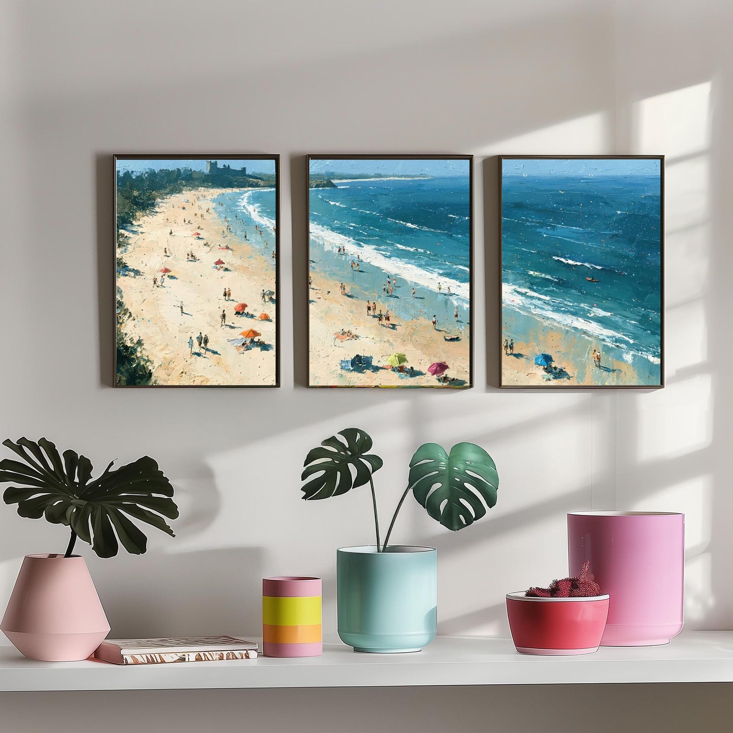Set of Three Bamburgh Beach Prints - Aerial Coastal Oil Painting Posters - Colourful Seaside Wall Art - England