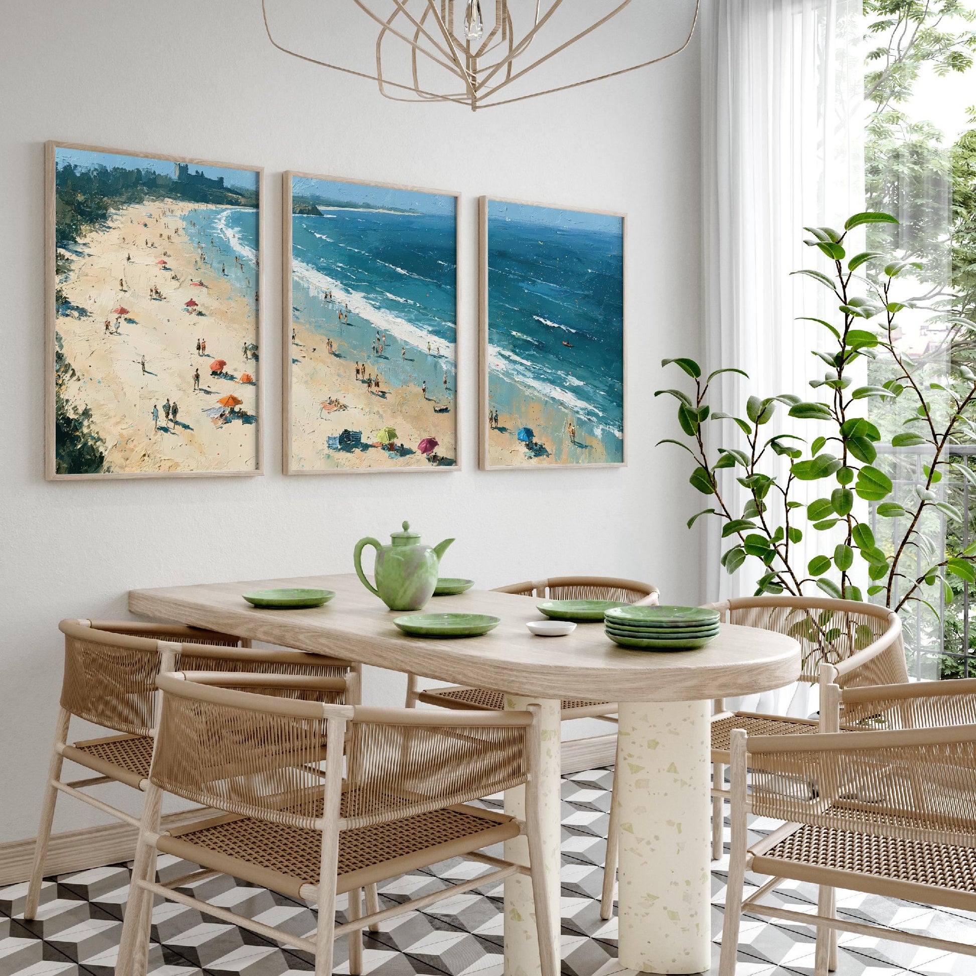 Set of Three Bamburgh Beach Prints - Aerial Coastal Oil Painting Posters - Colourful Seaside Wall Art - England