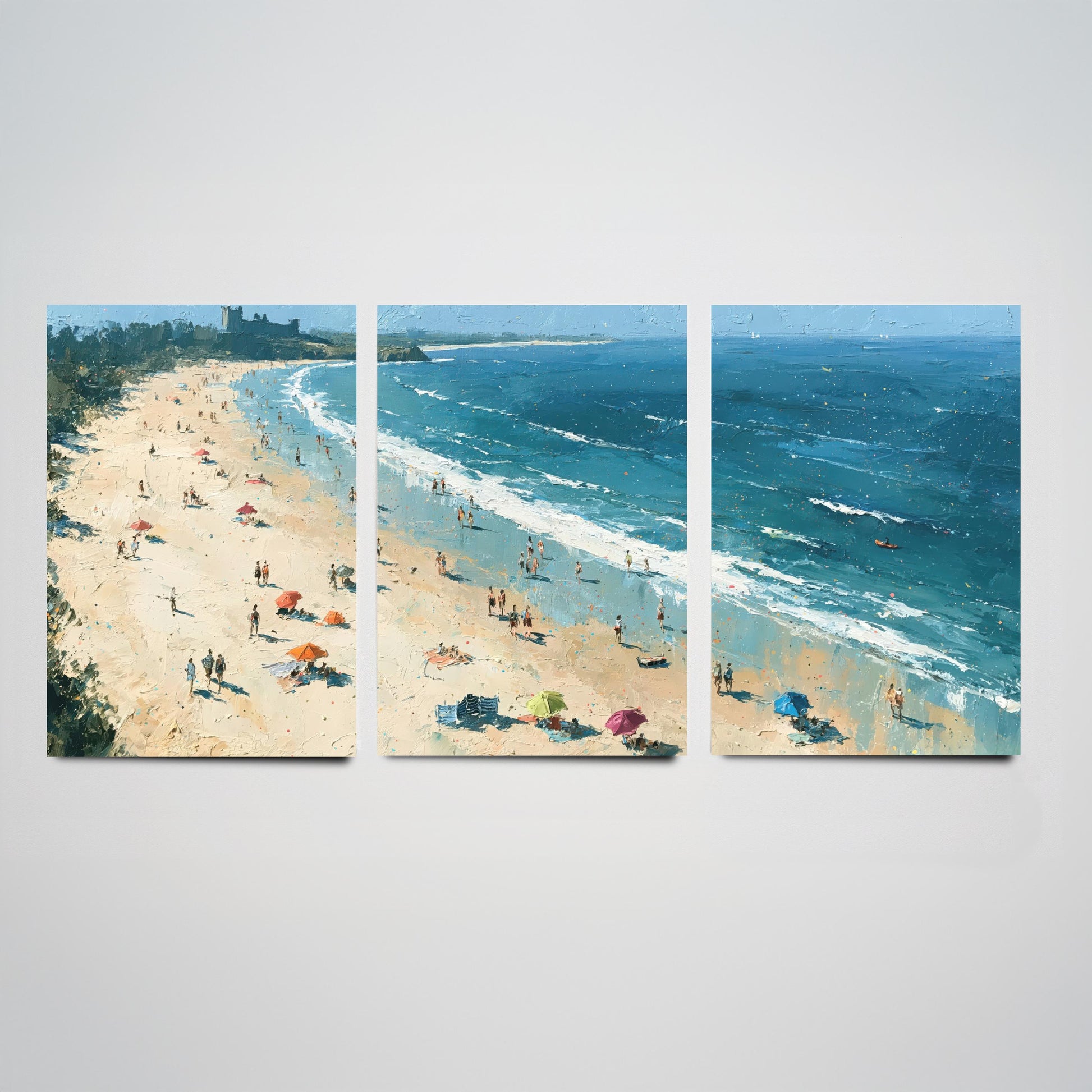 Set of Three Bamburgh Beach Prints - Aerial Coastal Oil Painting Posters - Colourful Seaside Wall Art - England