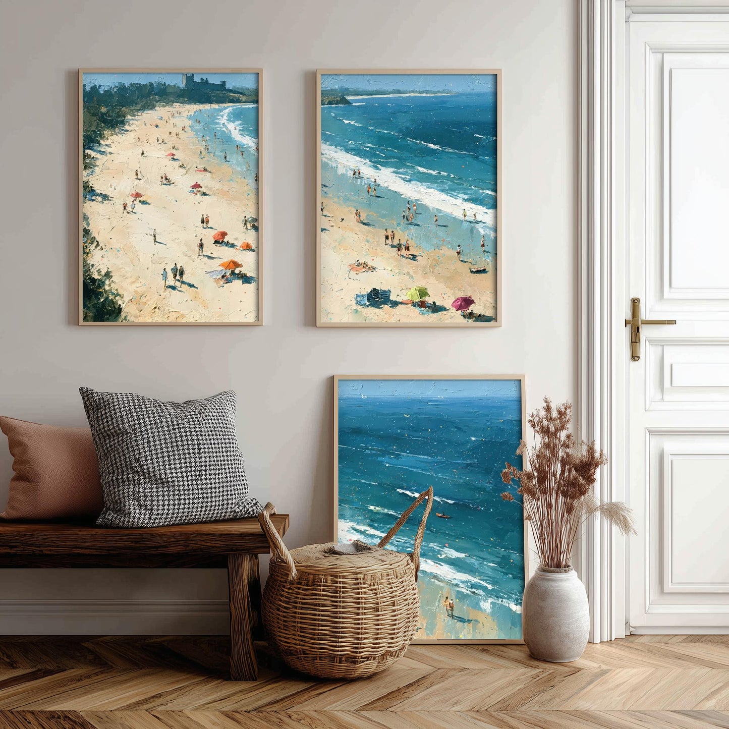 Set of Three Bamburgh Beach Prints - Aerial Coastal Oil Painting Posters - Colourful Seaside Wall Art - England