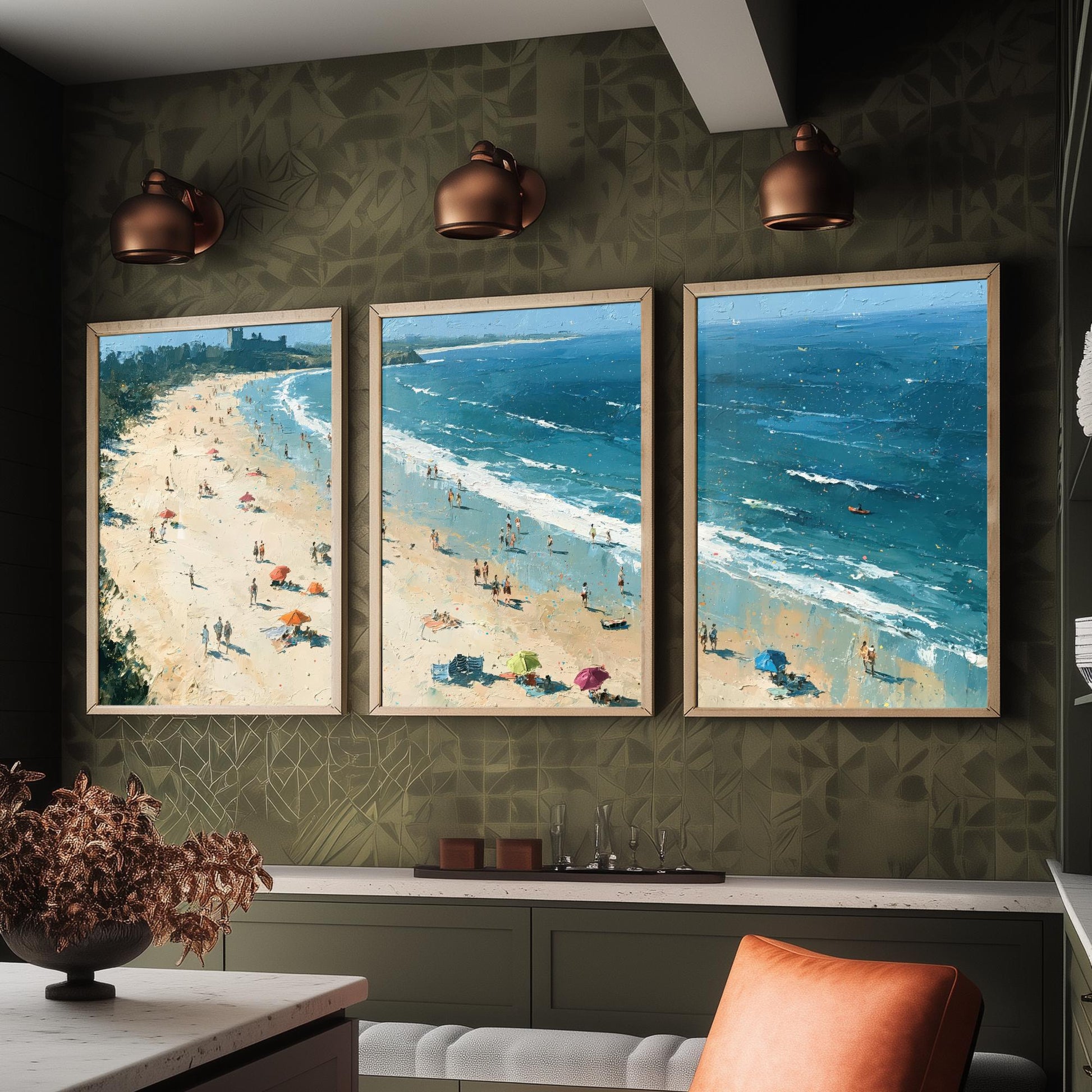Set of Three Bamburgh Beach Prints - Aerial Coastal Oil Painting Posters - Colourful Seaside Wall Art - England