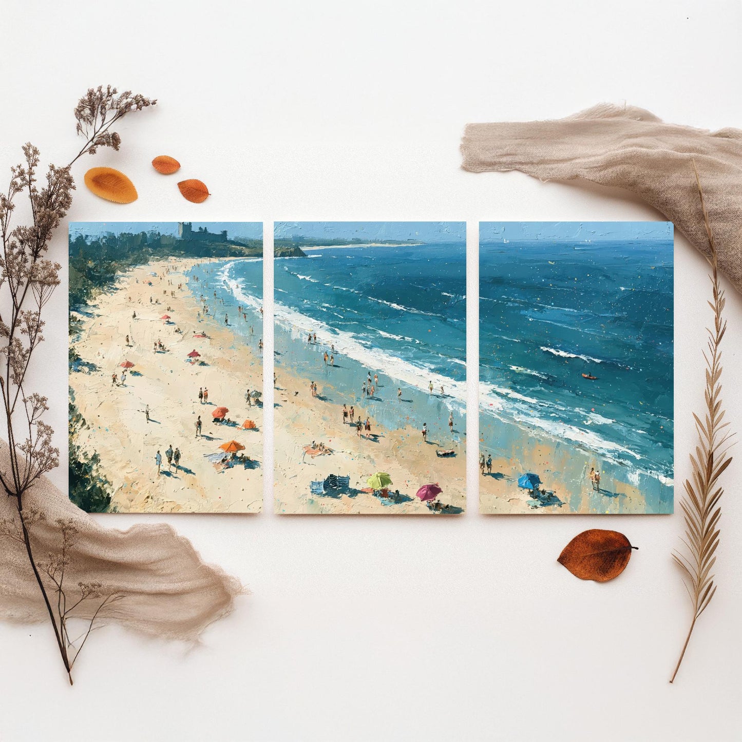 Set of Three Bamburgh Beach Prints - Aerial Coastal Oil Painting Posters - Colourful Seaside Wall Art - England