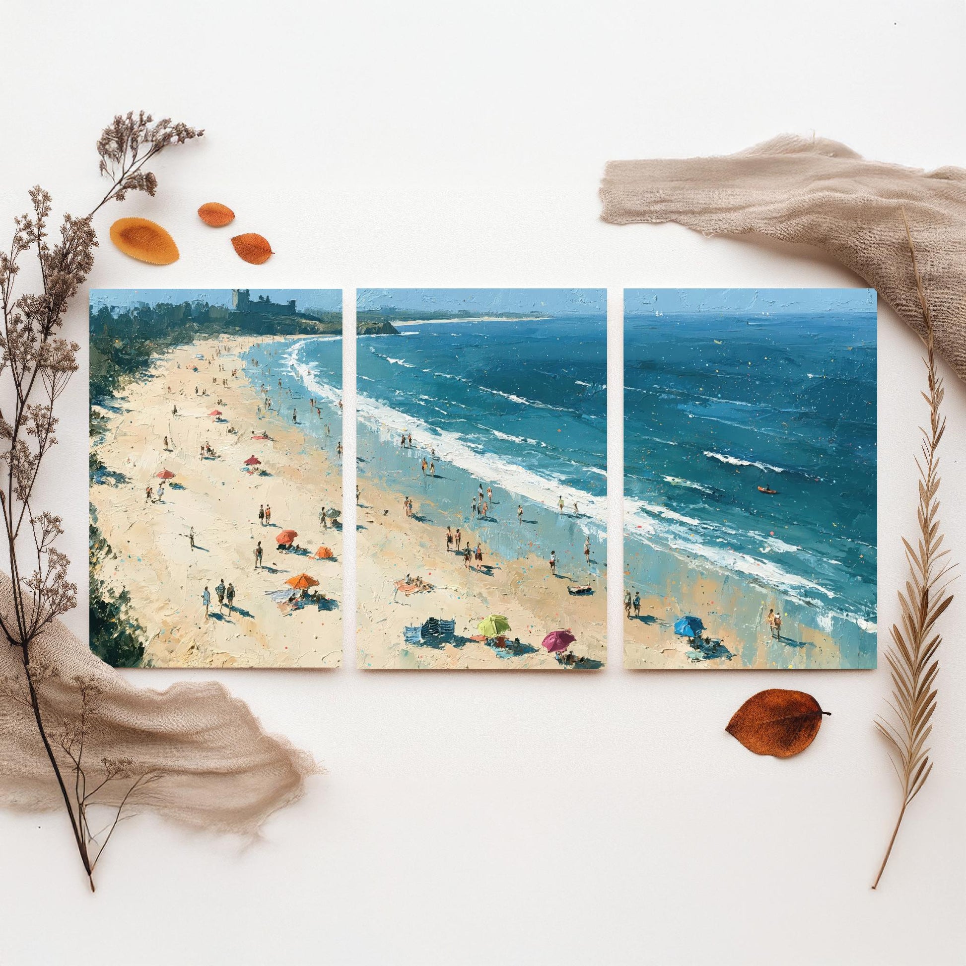 Set of Three Bamburgh Beach Prints - Aerial Coastal Oil Painting Posters - Colourful Seaside Wall Art - England