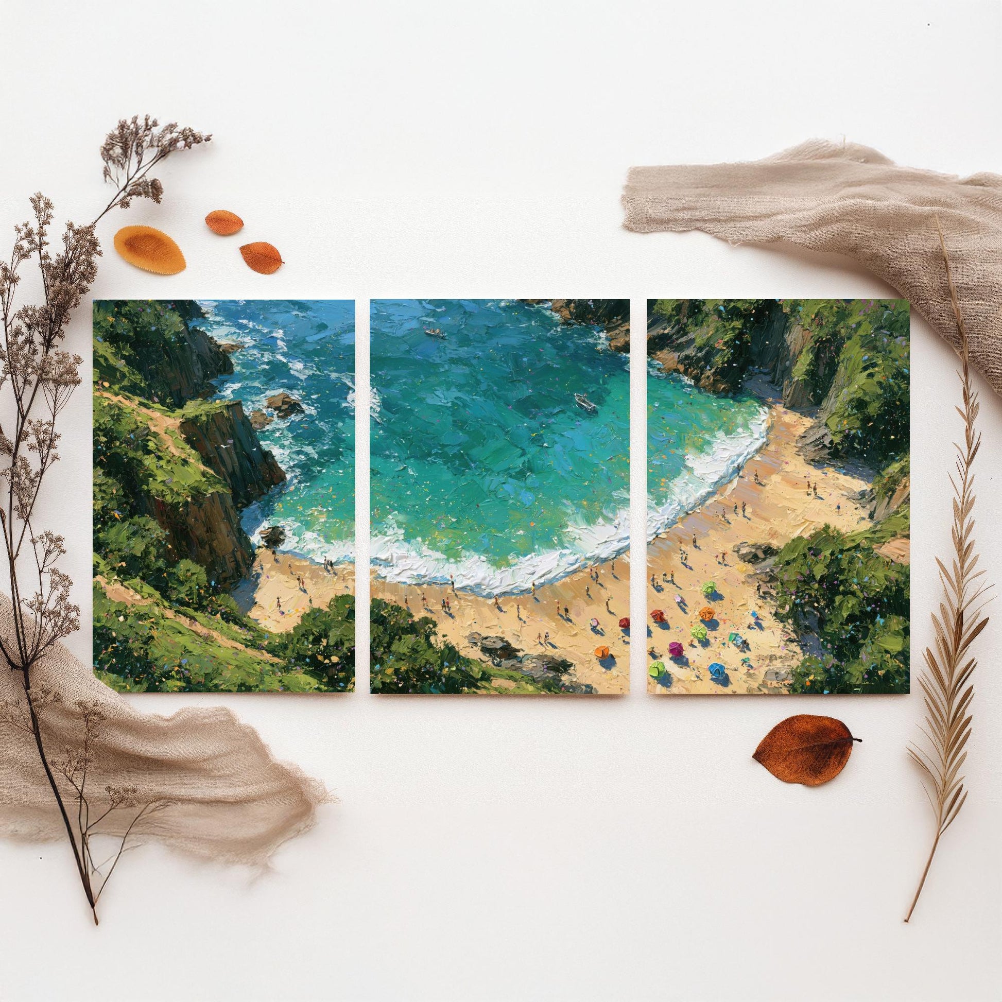 Set of Three Barafundle Bay Prints - Aerial Coastal Oil Painting Posters - Colourful Seaside Wall Art - Wales