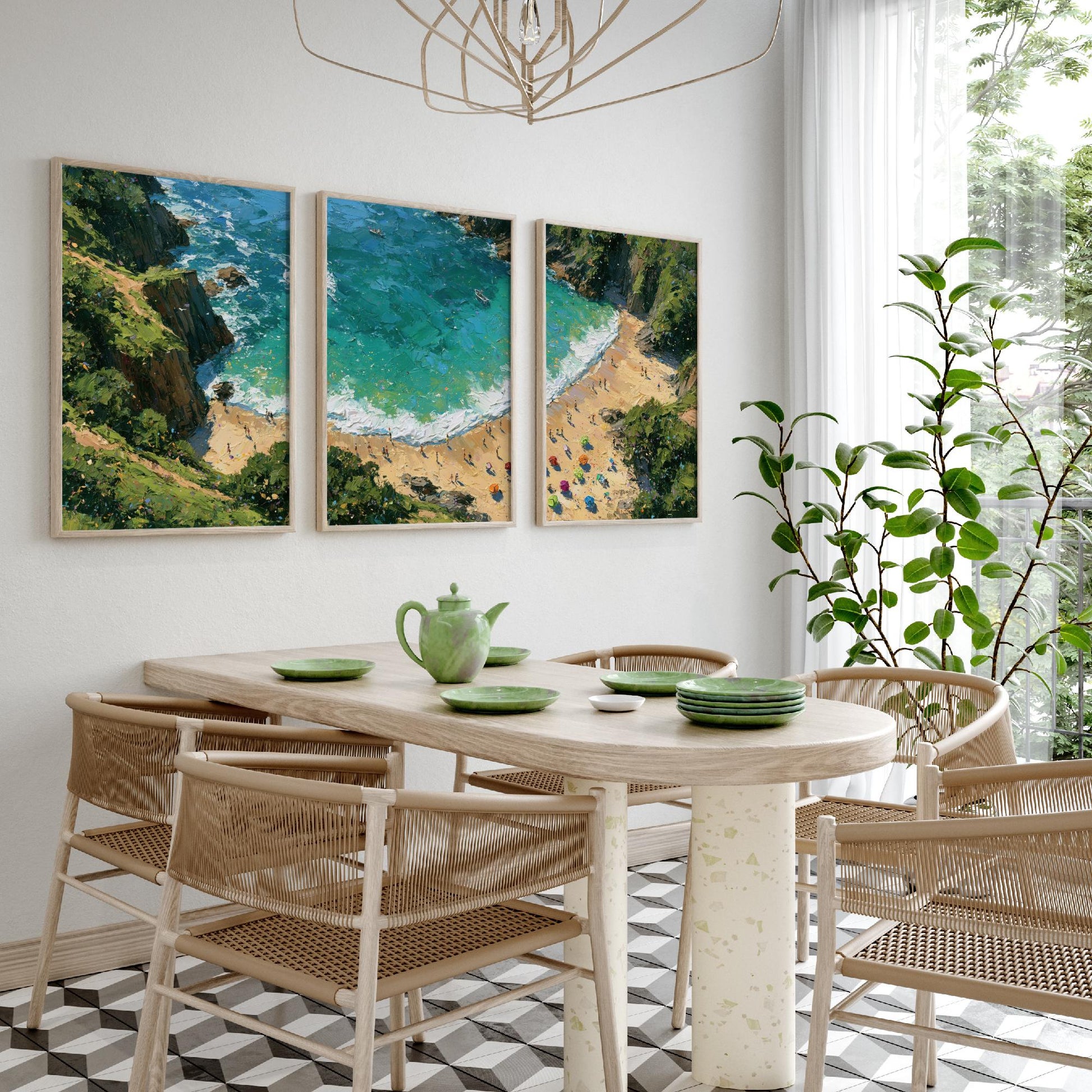 Set of Three Barafundle Bay Prints - Aerial Coastal Oil Painting Posters - Colourful Seaside Wall Art - Wales
