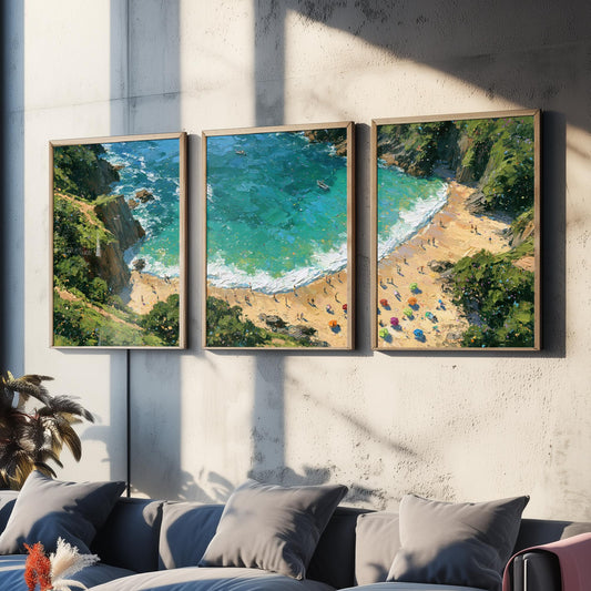 Set of Three Barafundle Bay Prints - Aerial Coastal Oil Painting Posters - Colourful Seaside Wall Art - Wales