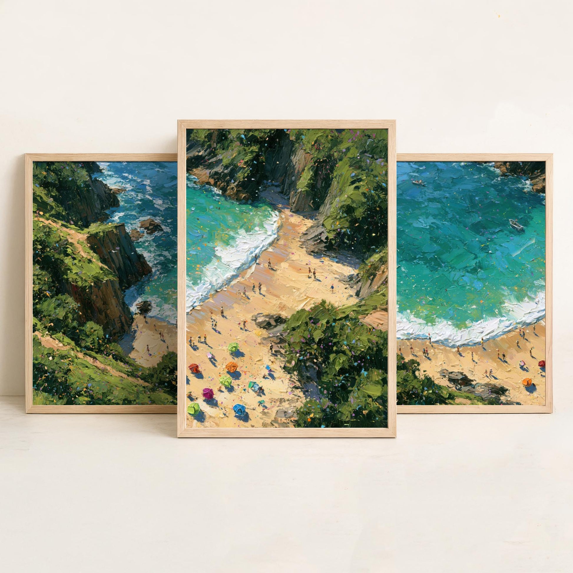 Set of Three Barafundle Bay Prints - Aerial Coastal Oil Painting Posters - Colourful Seaside Wall Art - Wales