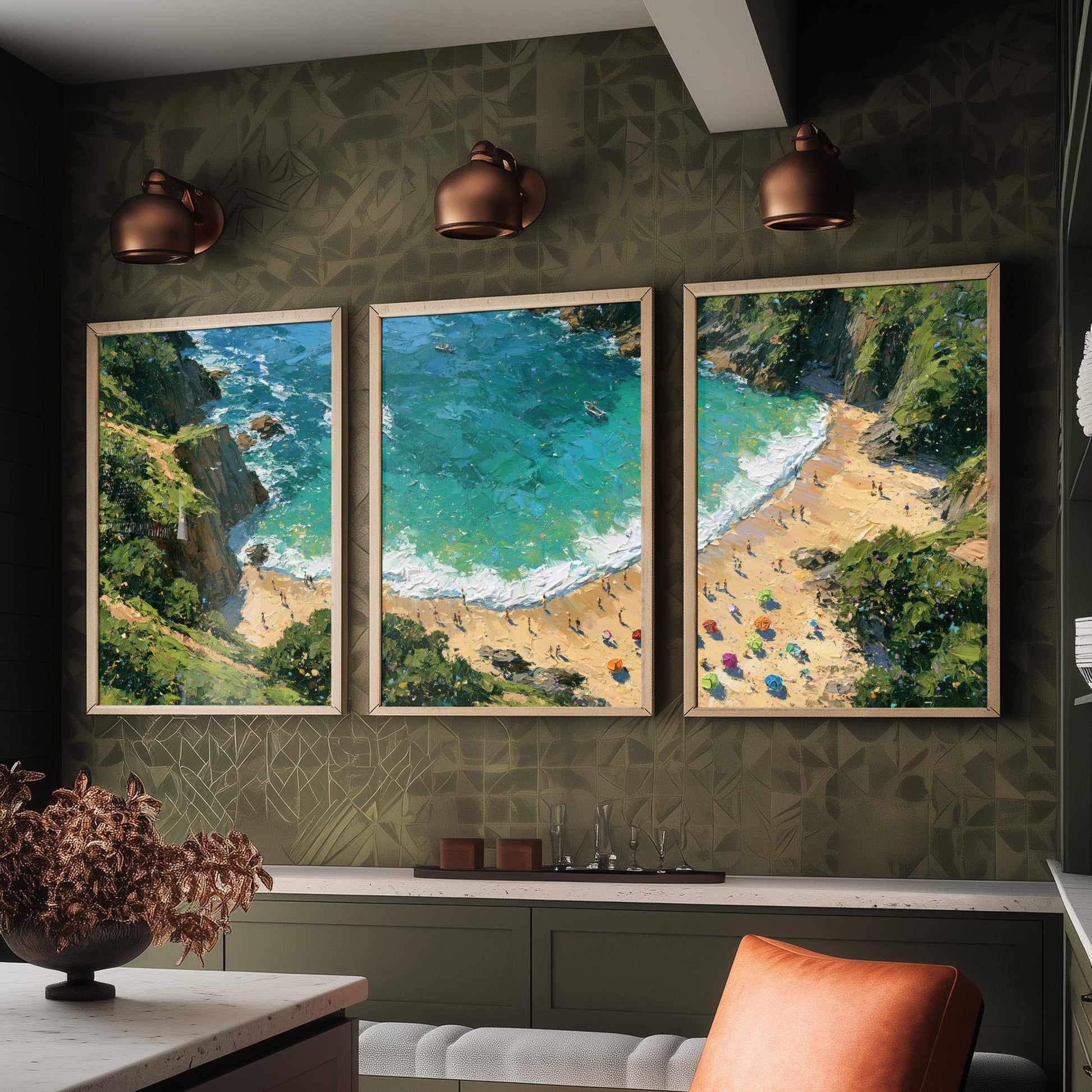 Set of Three Barafundle Bay Prints - Aerial Coastal Oil Painting Posters - Colourful Seaside Wall Art - Wales