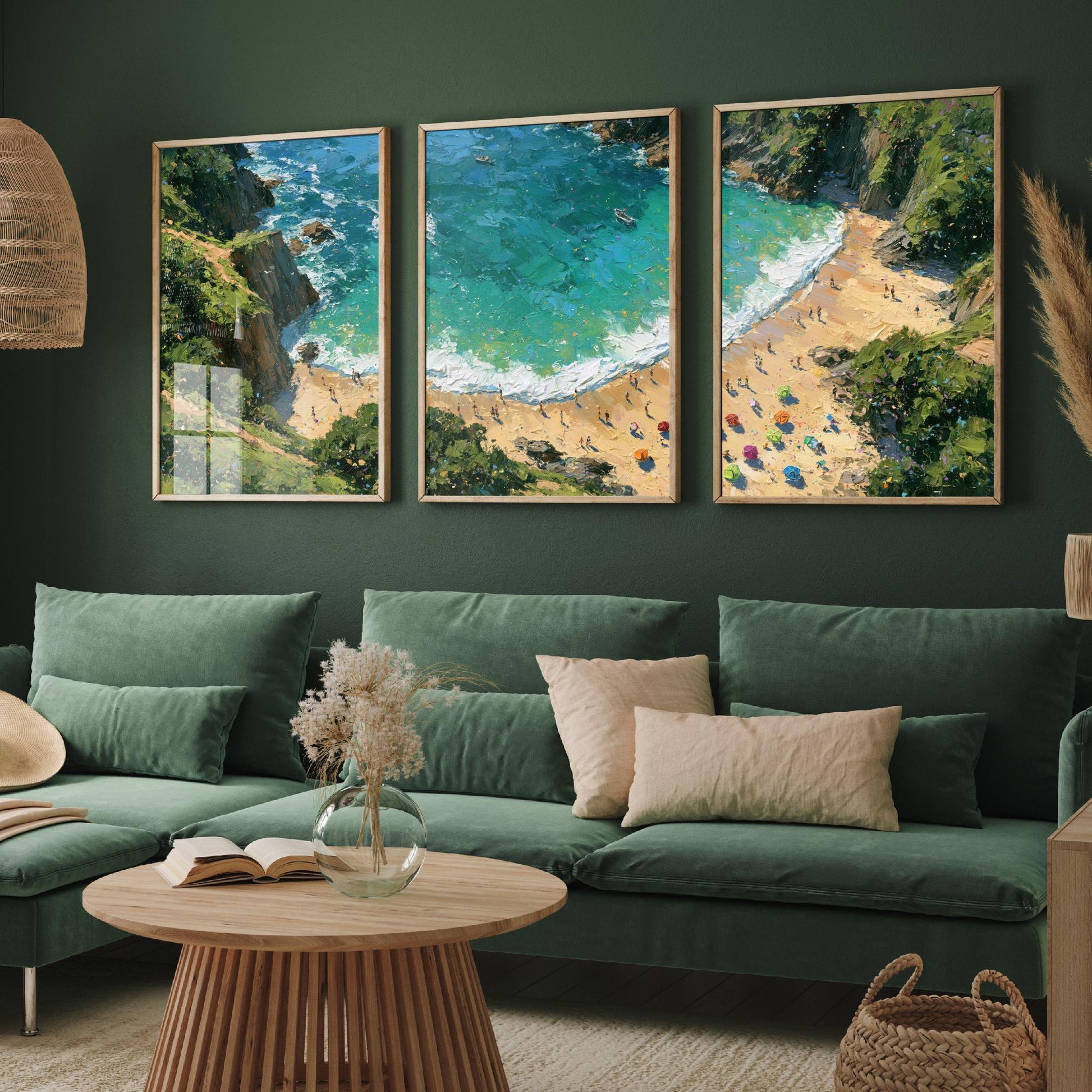 Set of Three Barafundle Bay Prints - Aerial Coastal Oil Painting Posters - Colourful Seaside Wall Art - Wales