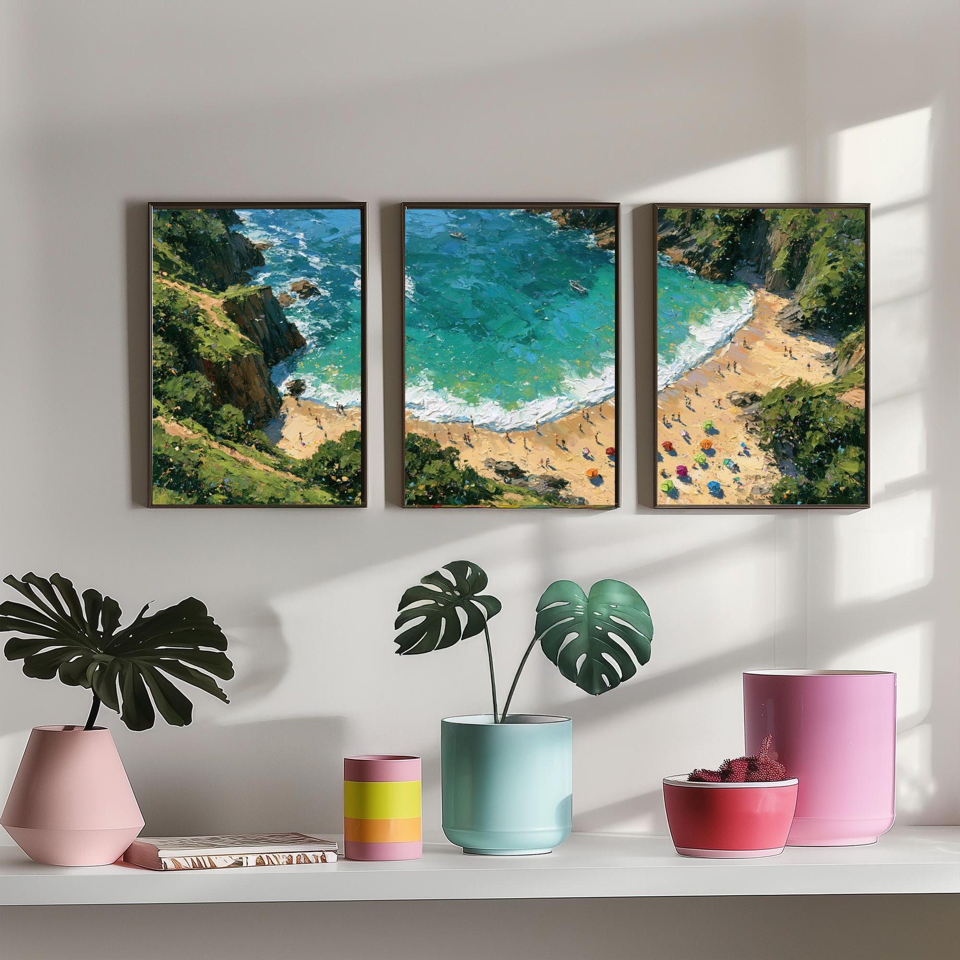 Set of Three Barafundle Bay Prints - Aerial Coastal Oil Painting Posters - Colourful Seaside Wall Art - Wales