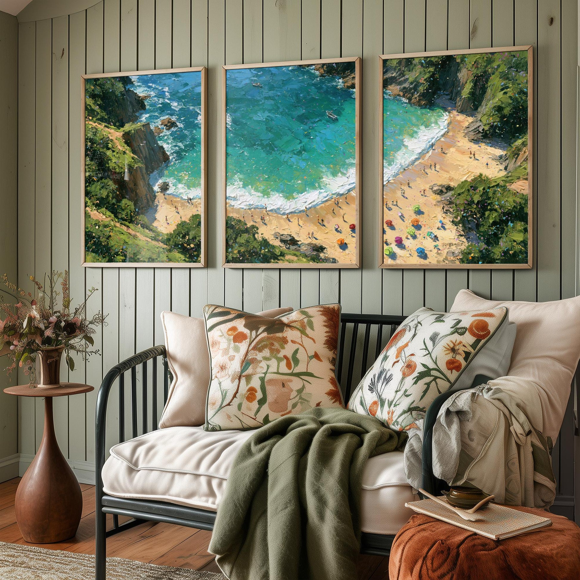 Set of Three Barafundle Bay Prints - Aerial Coastal Oil Painting Posters - Colourful Seaside Wall Art - Wales