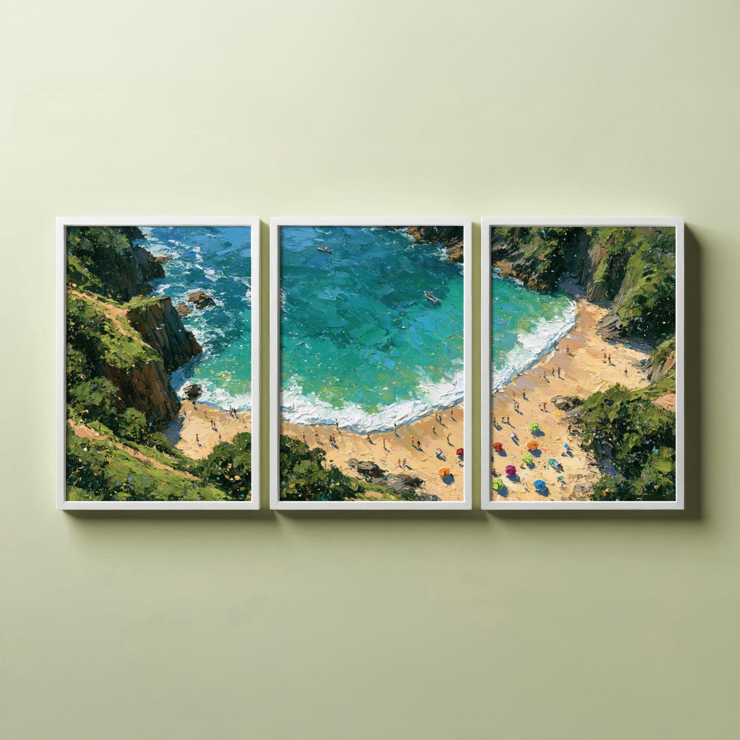 Set of Three Barafundle Bay Prints - Aerial Coastal Oil Painting Posters - Colourful Seaside Wall Art - Wales