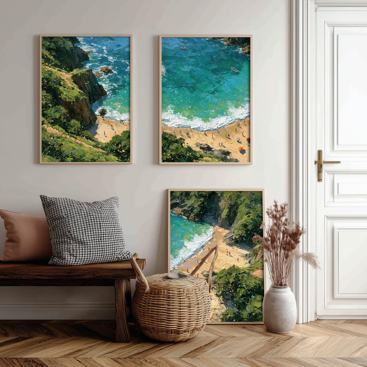 Set of Three Barafundle Bay Prints - Aerial Coastal Oil Painting Posters - Colourful Seaside Wall Art - Wales