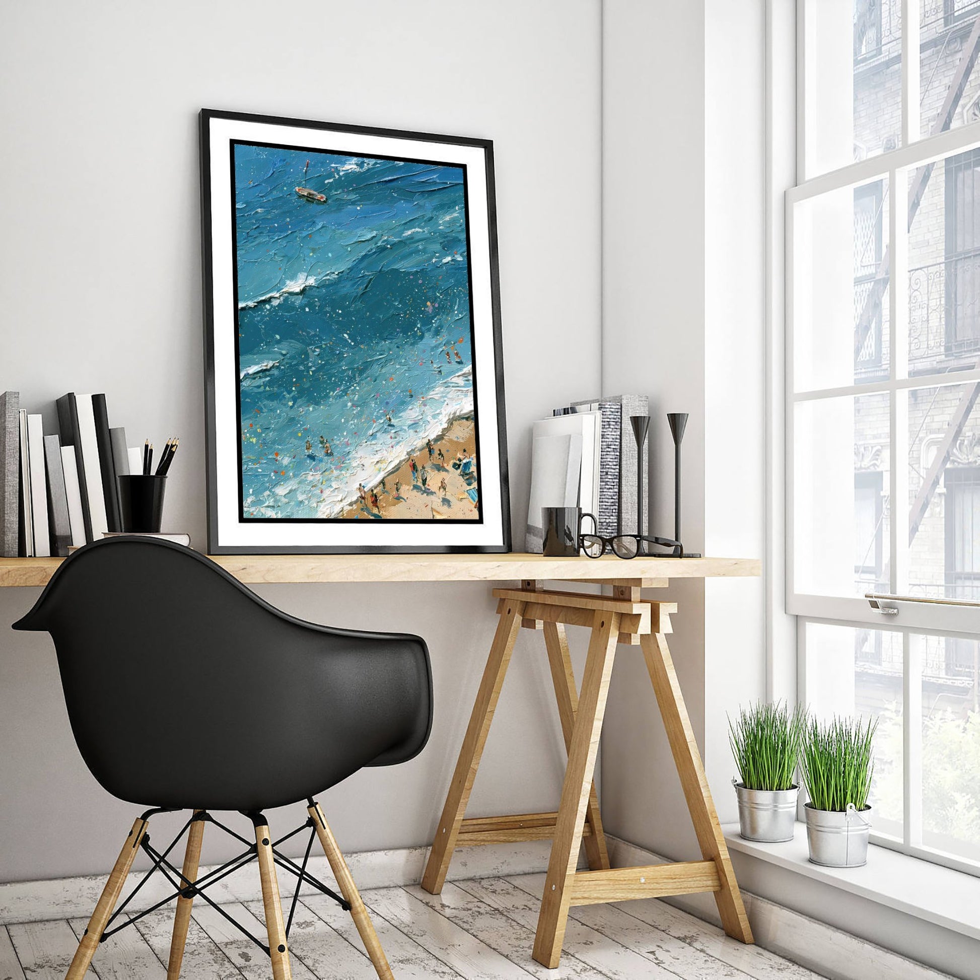 Brighton Beach Travel Poster - Aerial Beach Art Print - Impasto Beach Painting - East Sussex Panel 1/3