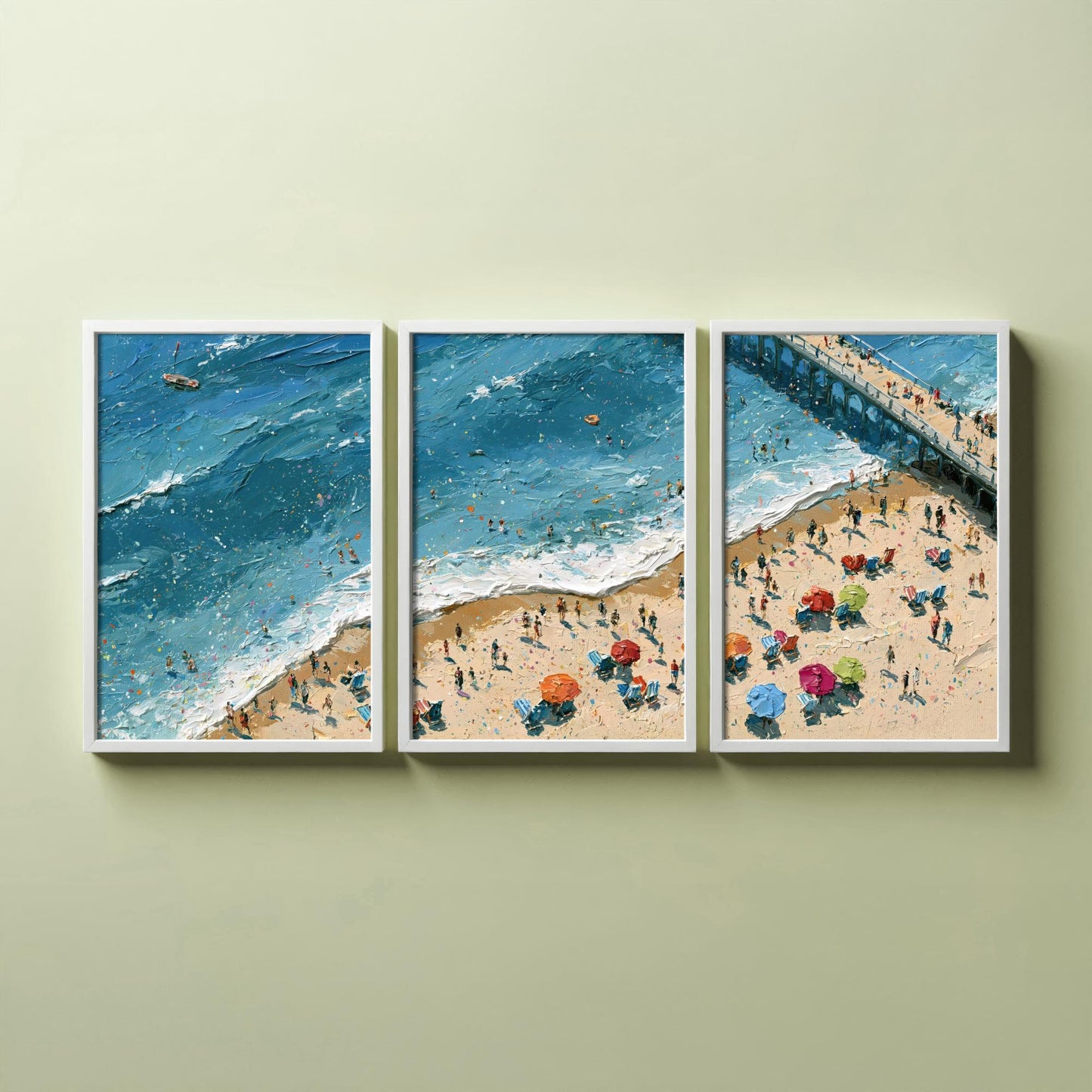 Set of Three Brighton Beach Prints - Aerial Coastal Oil Painting Posters - Colourful Seaside Wall Art - England