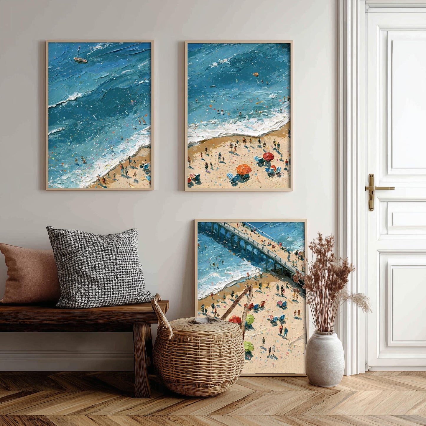 Set of Three Brighton Beach Prints - Aerial Coastal Oil Painting Posters - Colourful Seaside Wall Art - England