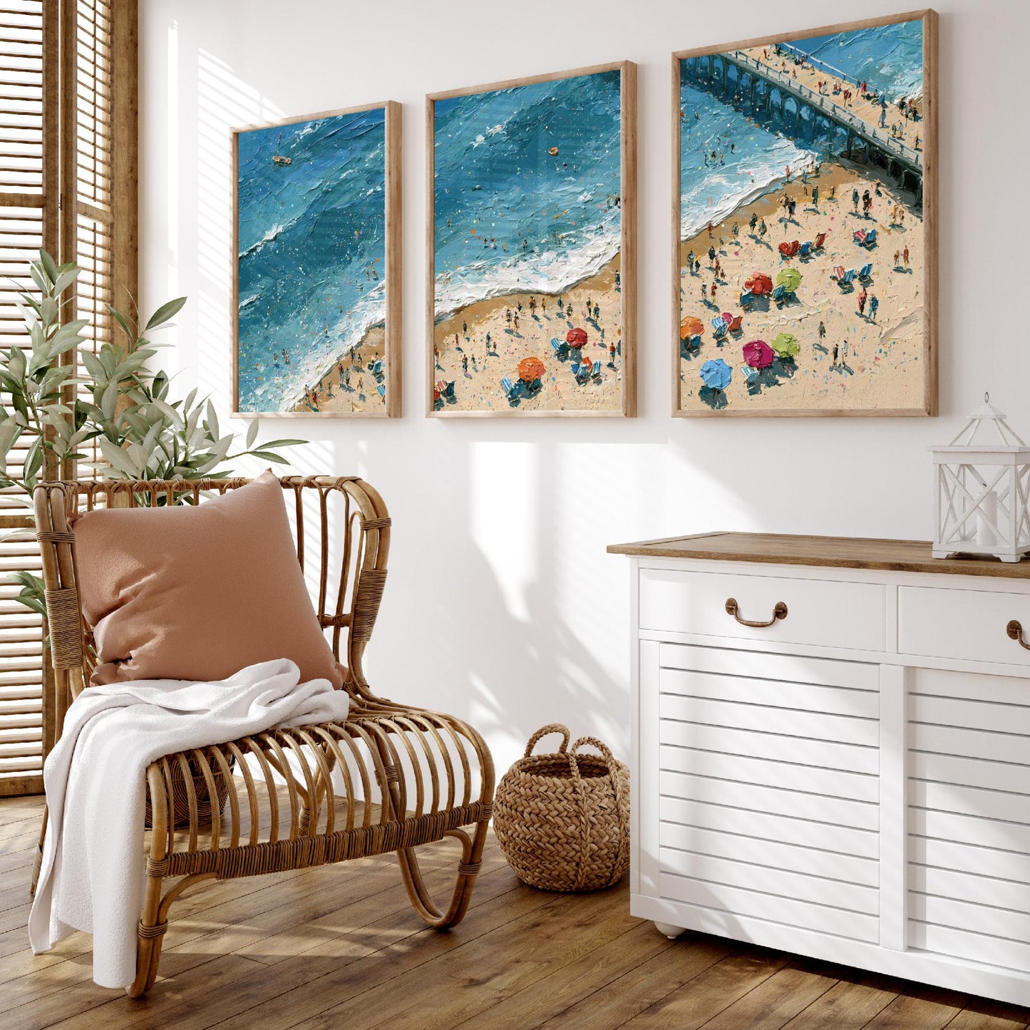 Set of Three Brighton Beach Prints - Aerial Coastal Oil Painting Posters - Colourful Seaside Wall Art - England
