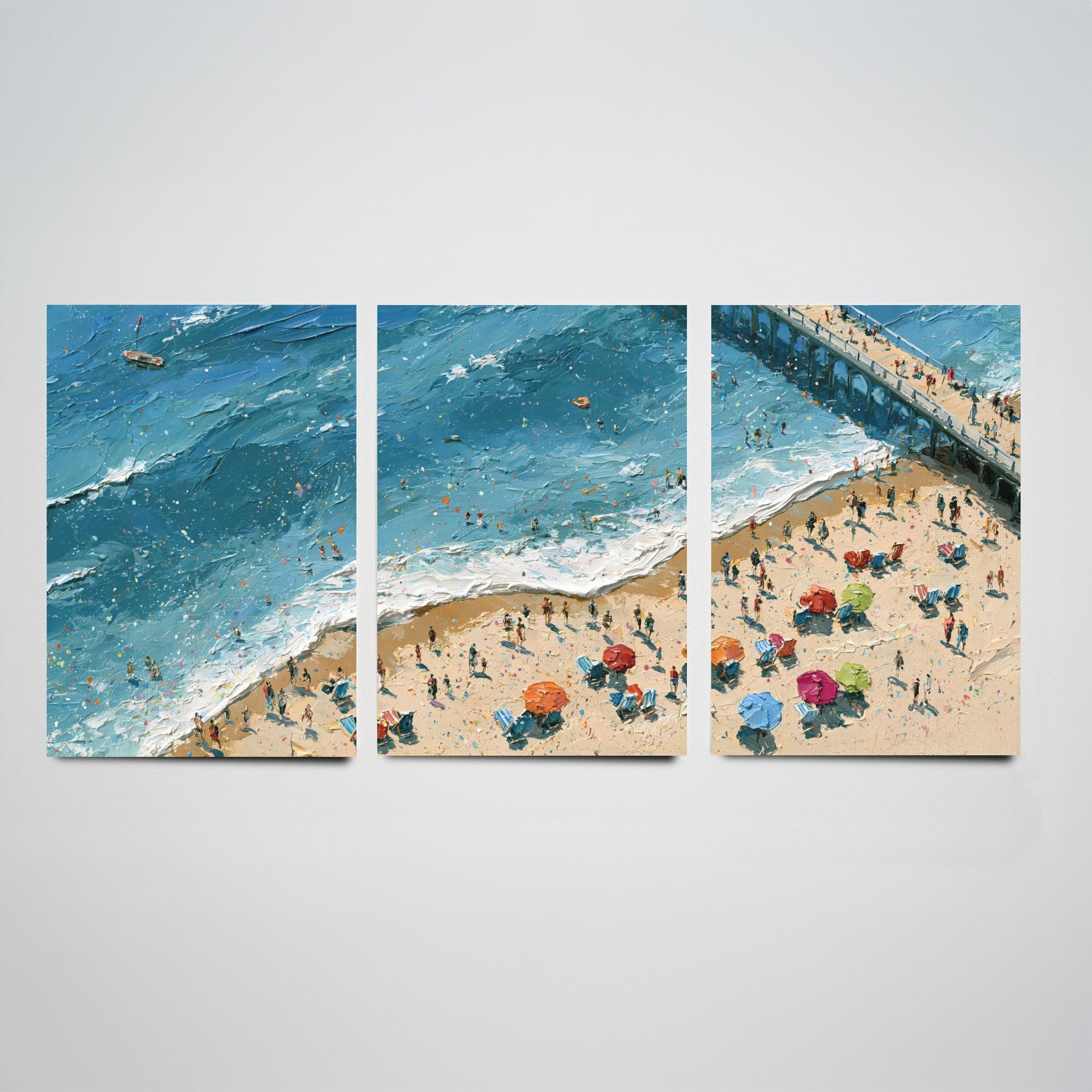 Set of Three Brighton Beach Prints - Aerial Coastal Oil Painting Posters - Colourful Seaside Wall Art - England