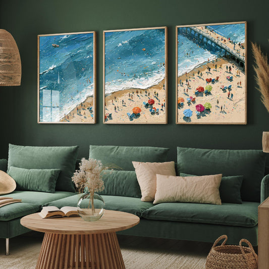 Set of Three Brighton Beach Prints - Aerial Coastal Oil Painting Posters - Colourful Seaside Wall Art - England