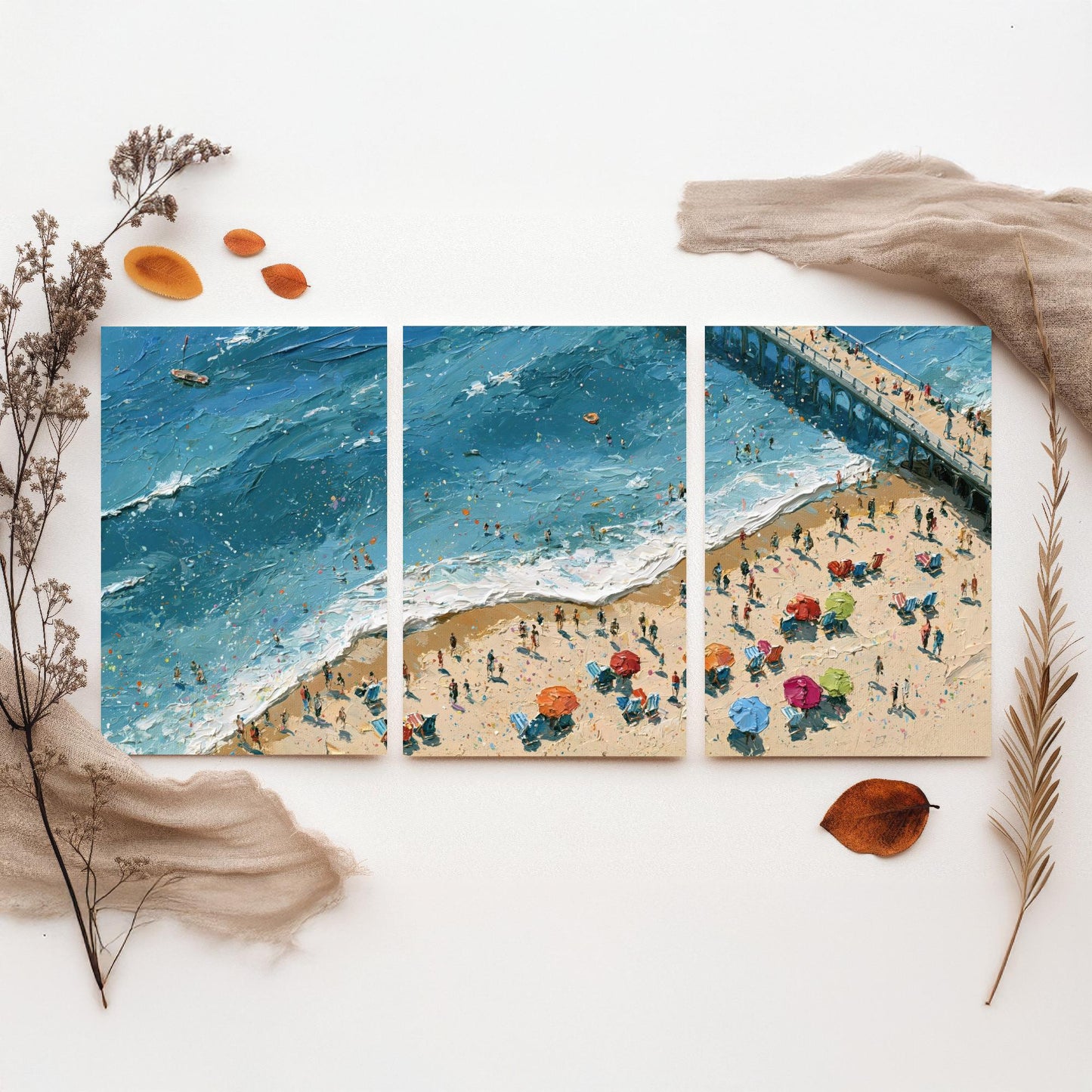 Set of Three Brighton Beach Prints - Aerial Coastal Oil Painting Posters - Colourful Seaside Wall Art - England