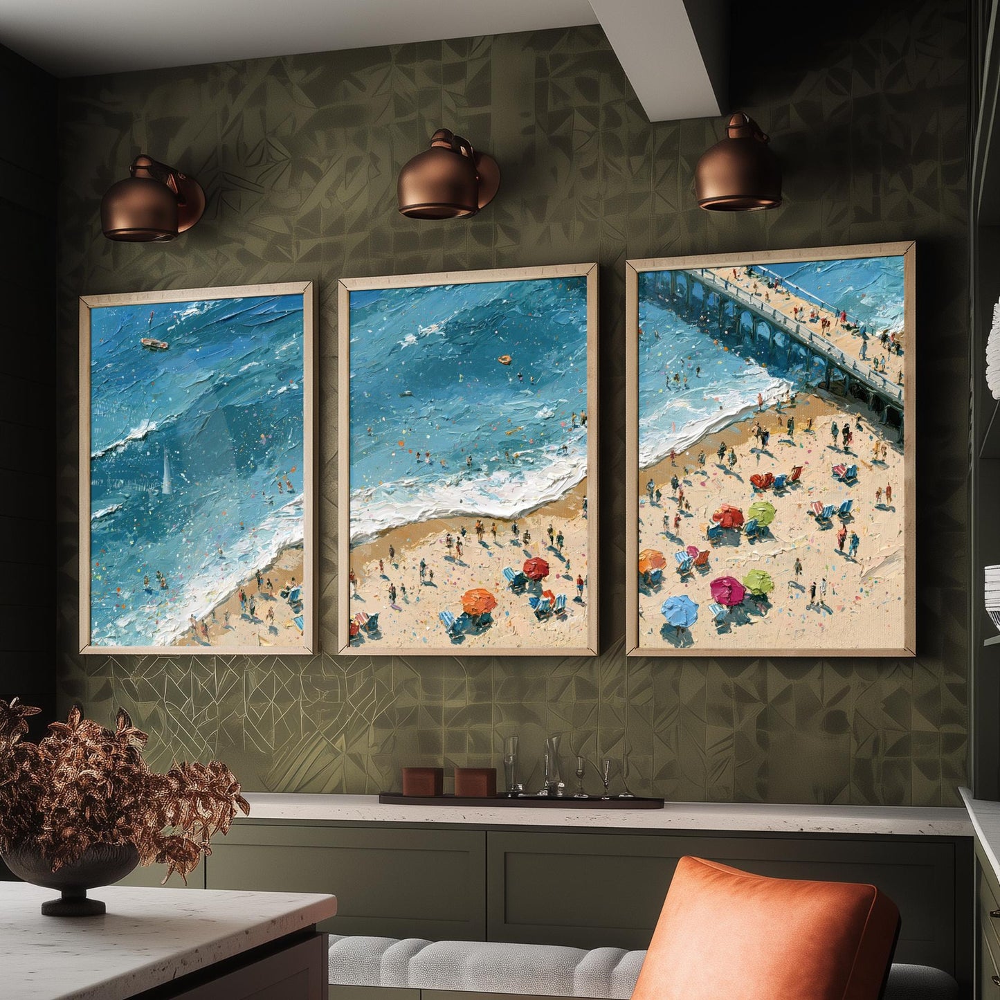 Set of Three Brighton Beach Prints - Aerial Coastal Oil Painting Posters - Colourful Seaside Wall Art - England