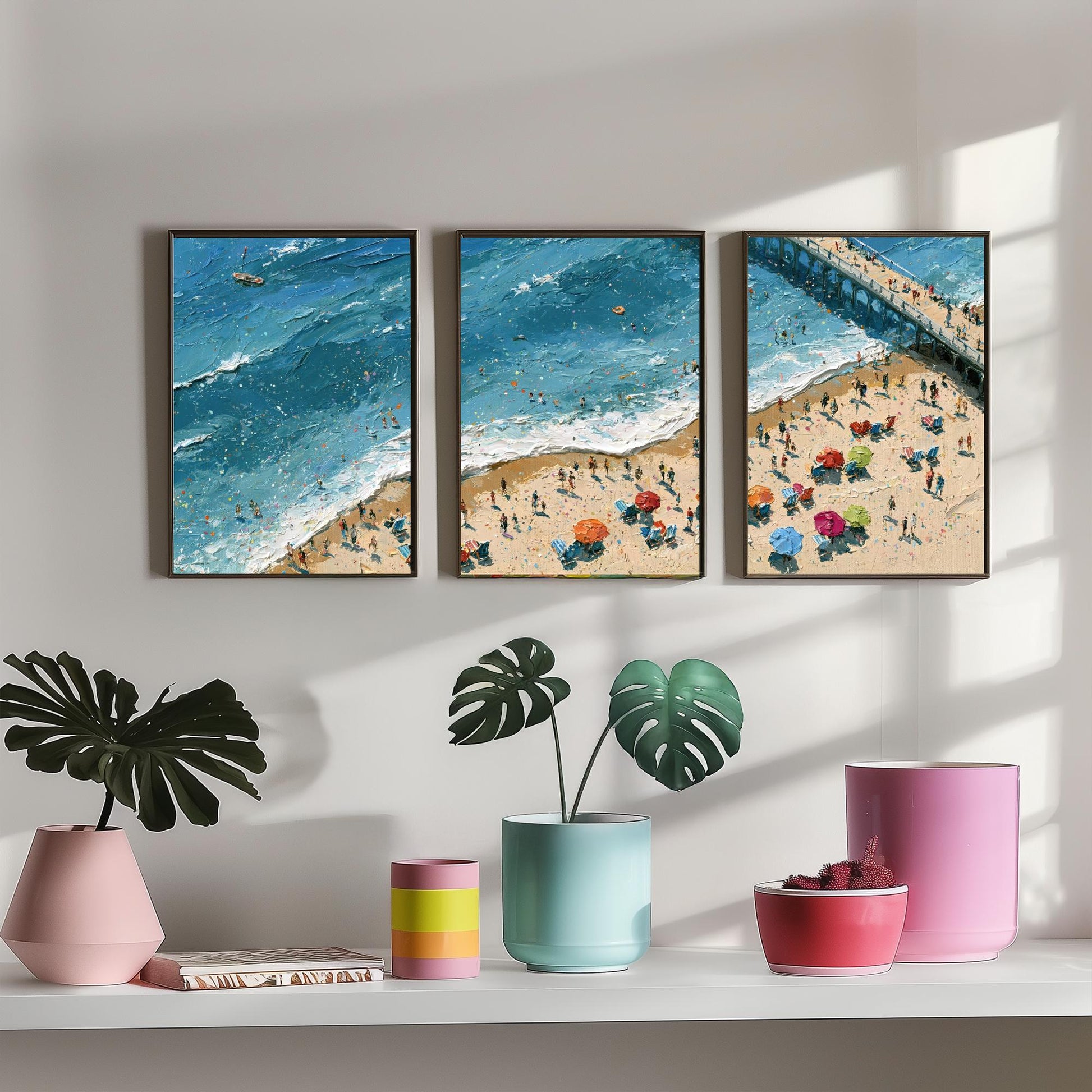 Set of Three Brighton Beach Prints - Aerial Coastal Oil Painting Posters - Colourful Seaside Wall Art - England