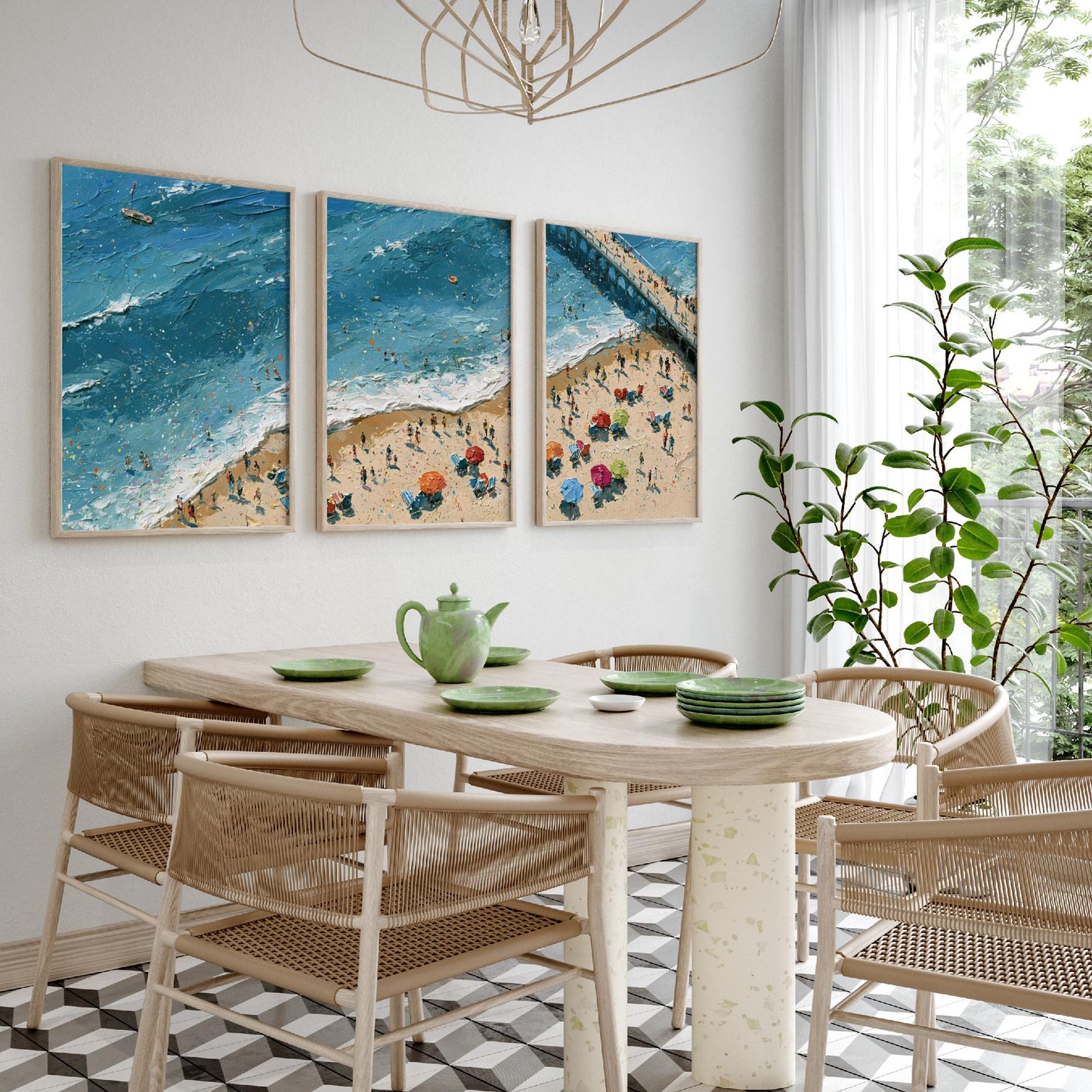 Set of Three Brighton Beach Prints - Aerial Coastal Oil Painting Posters - Colourful Seaside Wall Art - England